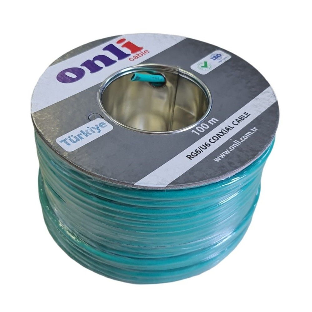 100m'lik turkuaz RG6/U koaksiyel kablo rulosu, üzerinde 'Onli cable' logosu.
