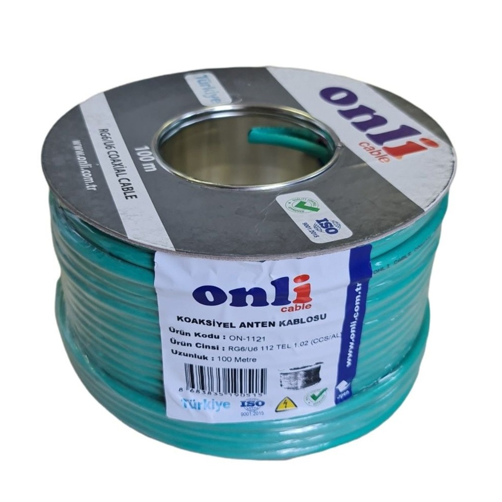 Onli Cable marka 100m'lik turkuaz RG6/U6 koaksiyel kablo makarası.