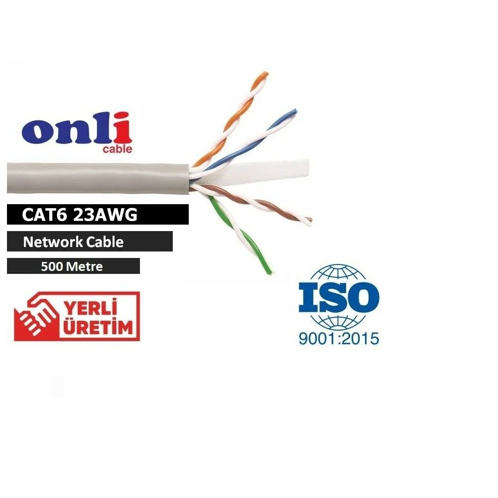 CAT6 23AWG Ağ Kablosu, 500 Metre, sıyrılmış teller ve ISO 9001:2015 logosu ile.