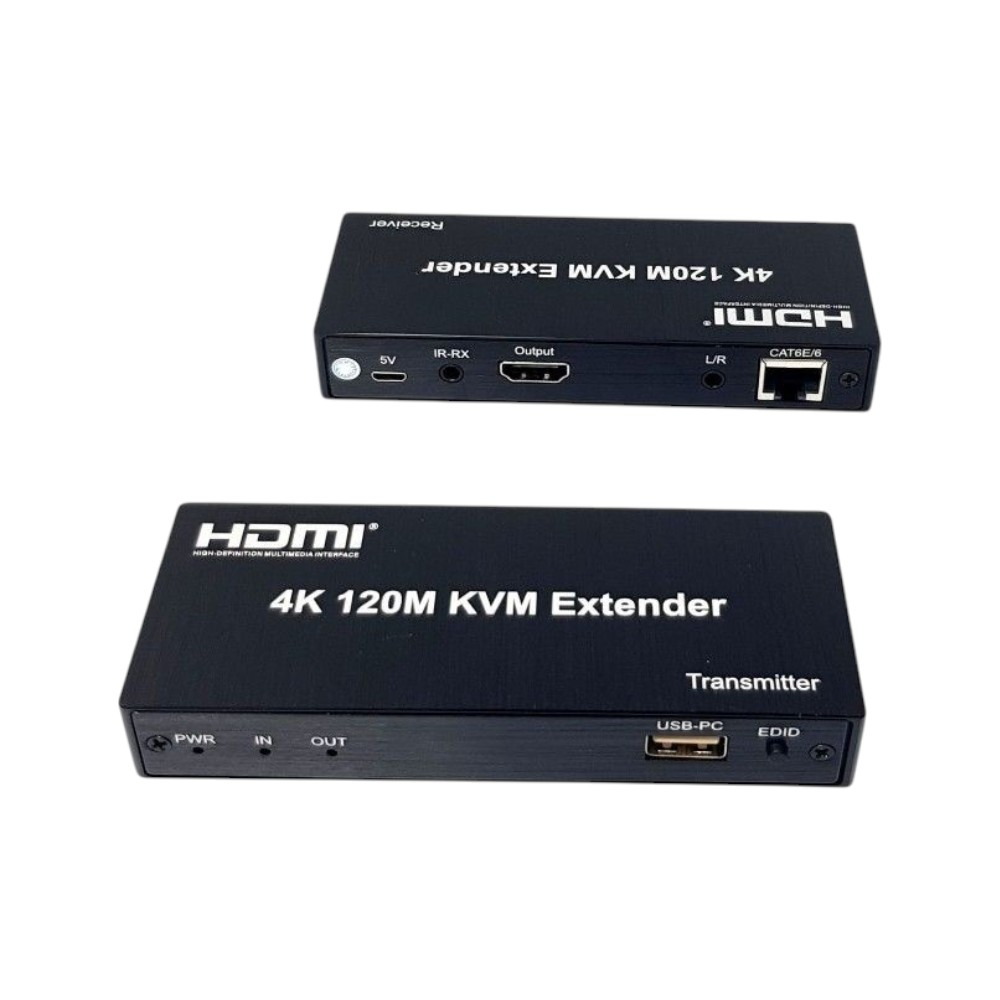 İki siyah HDMI KVM uzatıcı: verici ve alıcı.
