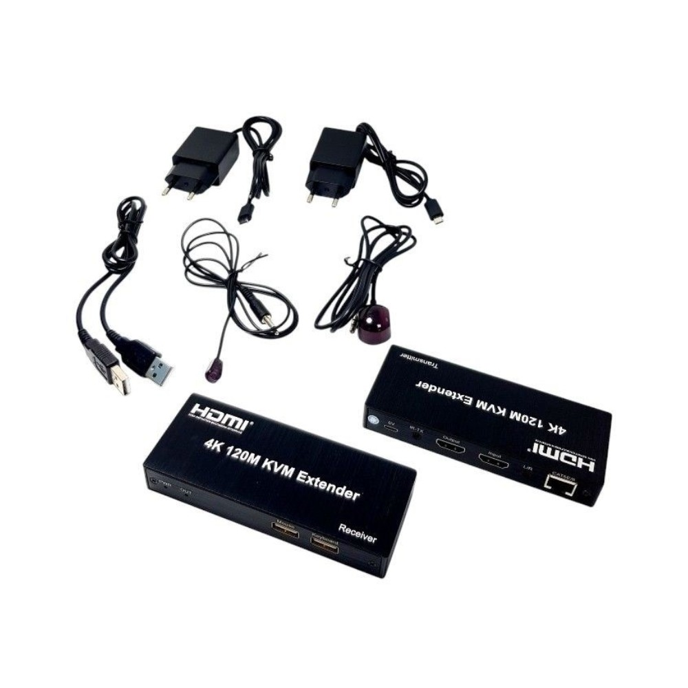 İki siyah HDMI 4K 120M KVM Genişletici, verici ve alıcı, güç adaptörleri ve IR kabloları ile.