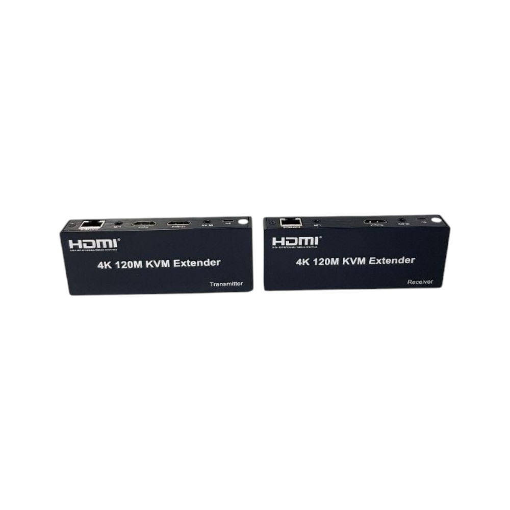 Beyaz zeminde iki siyah HDMI KVM genişletici, verici ve alıcı.