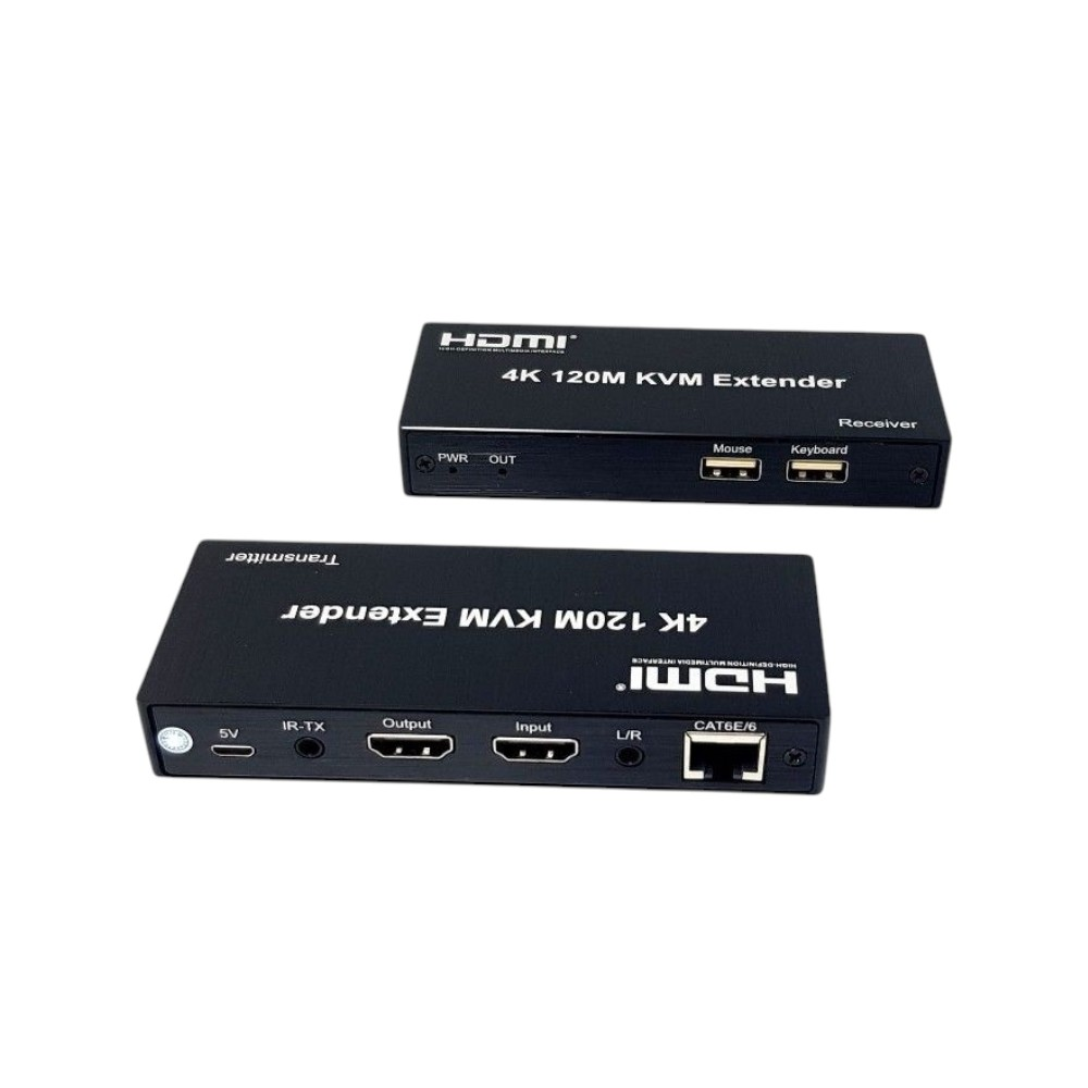 İki siyah HDMI KVM genişletici, verici ve alıcı, beyaz arka plan üzerinde.