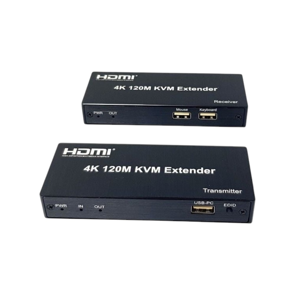 İki siyah HDMI 4K 120M KVM genişletici. Biri Alıcı, diğeri Verici.