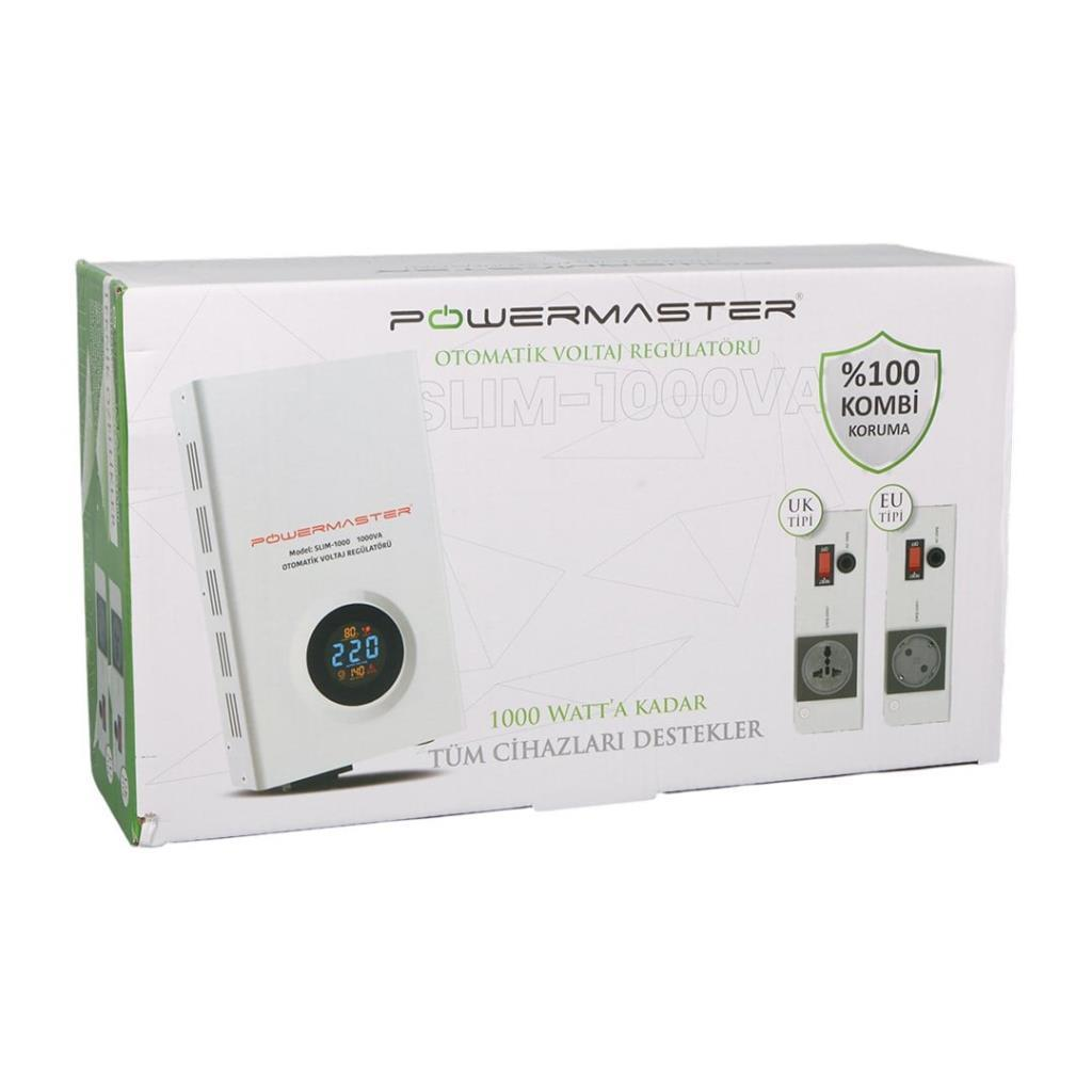PowerMaster voltaj regülatörü kutusu. 220V gösteren dijital ekranlı beyaz cihaz.