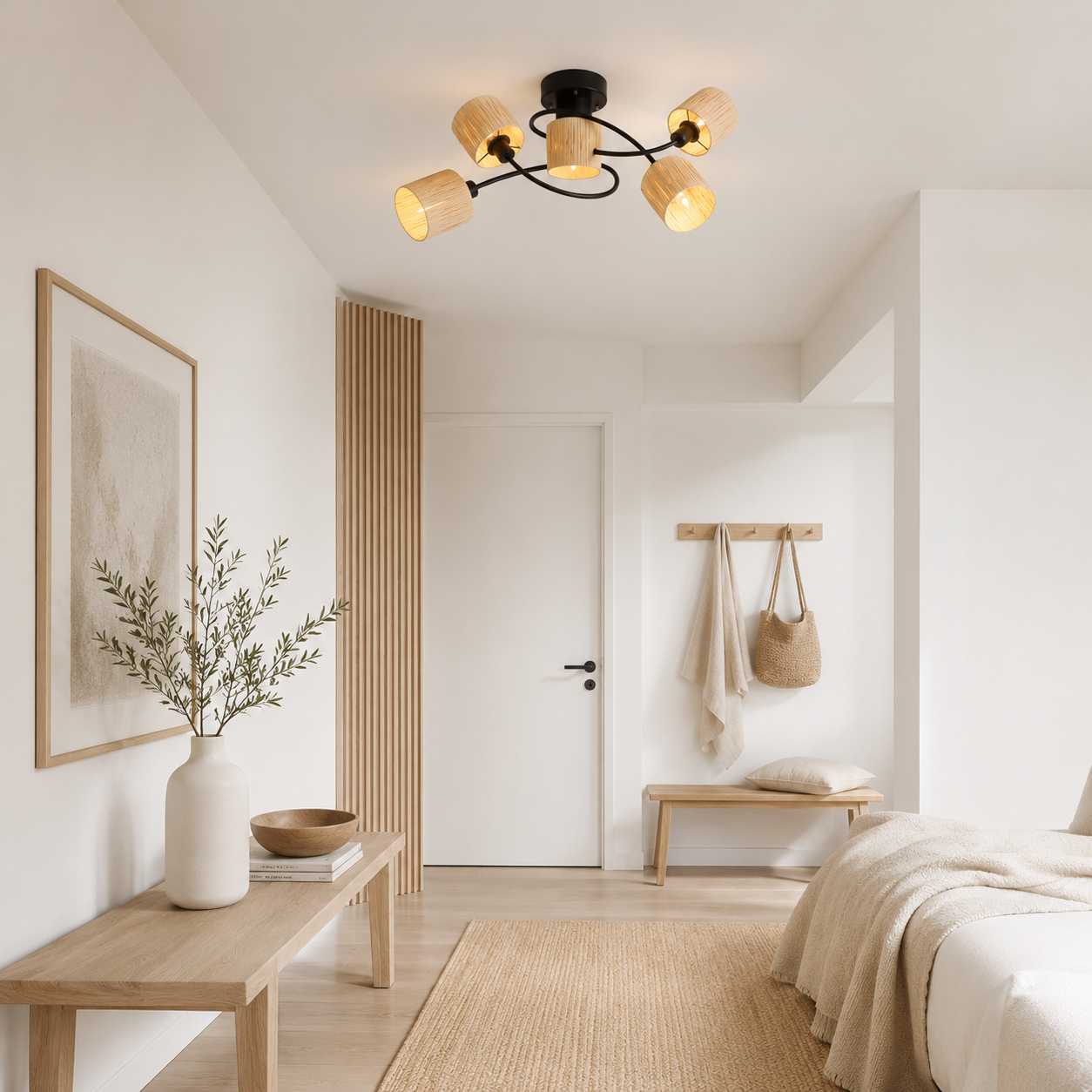 Una camera da letto con pavimenti in legno, tappeto, letto, panca e ganci a muro.
