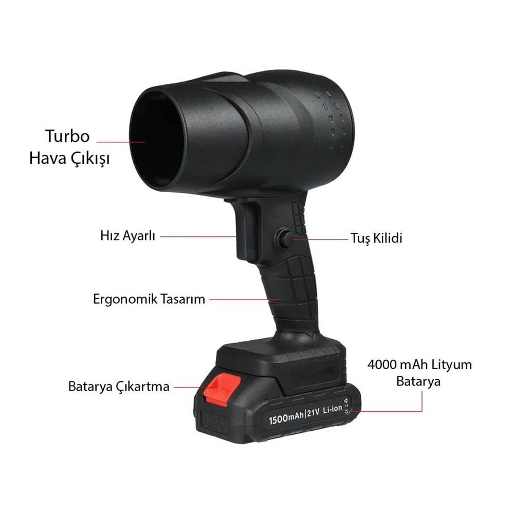 Turbo hava çıkışlı, hız ayarlı, ergonomik tasarımlı siyah akülü üfleyici.