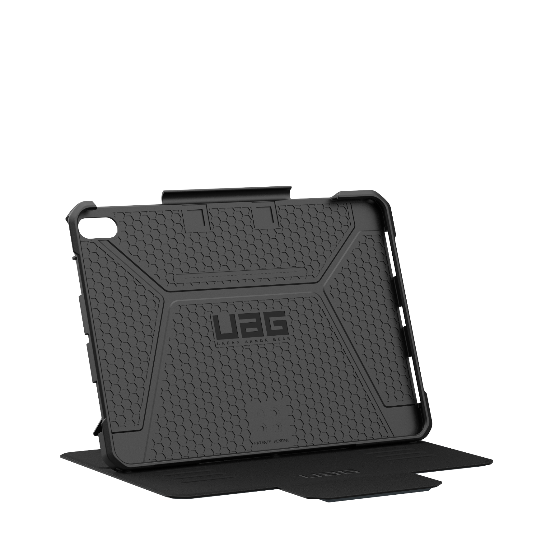 Czarna obudowa na tablet z wzorem plastra miodu i logo UAG.