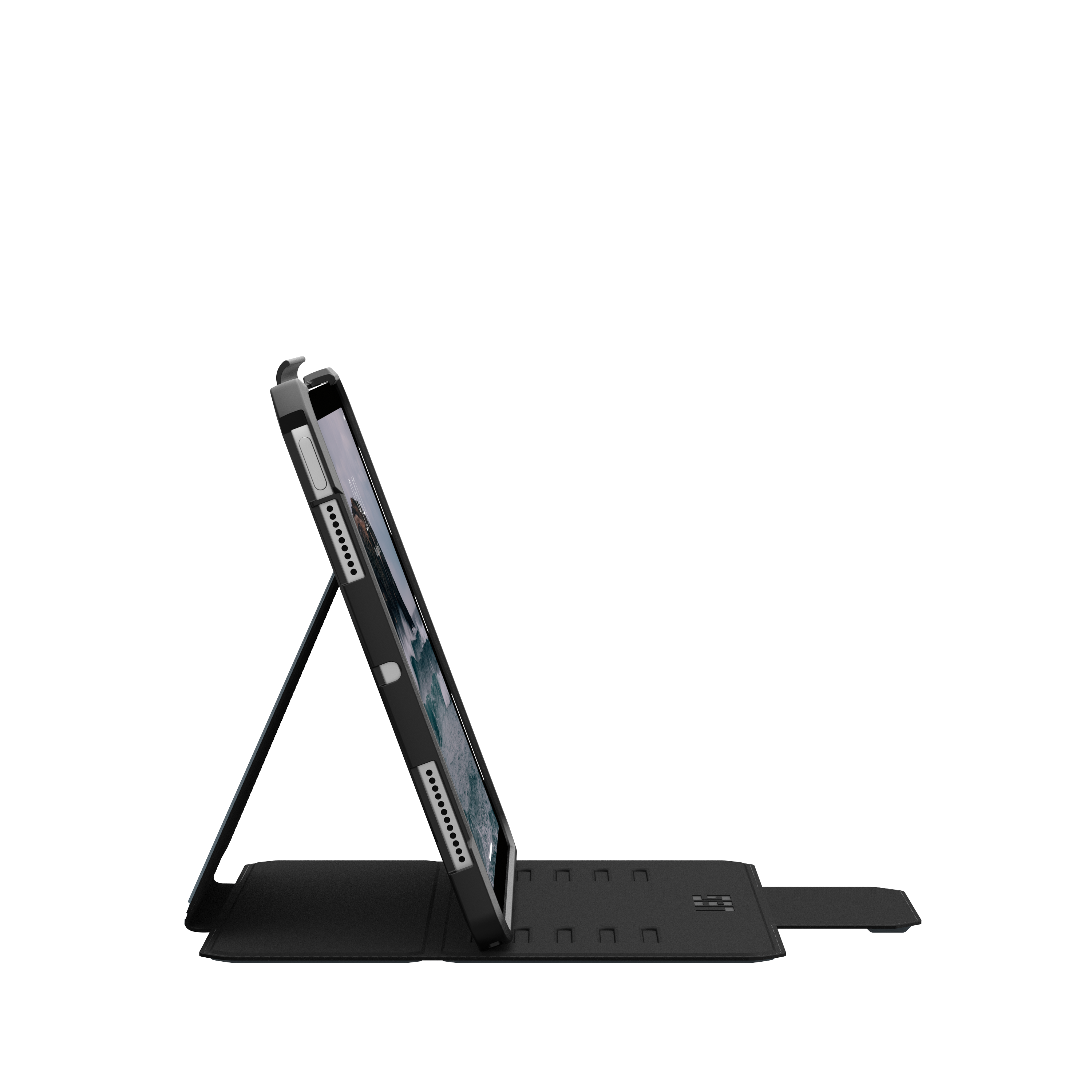 Czarny tablet w etui ochronnym, stojący na podstawce.