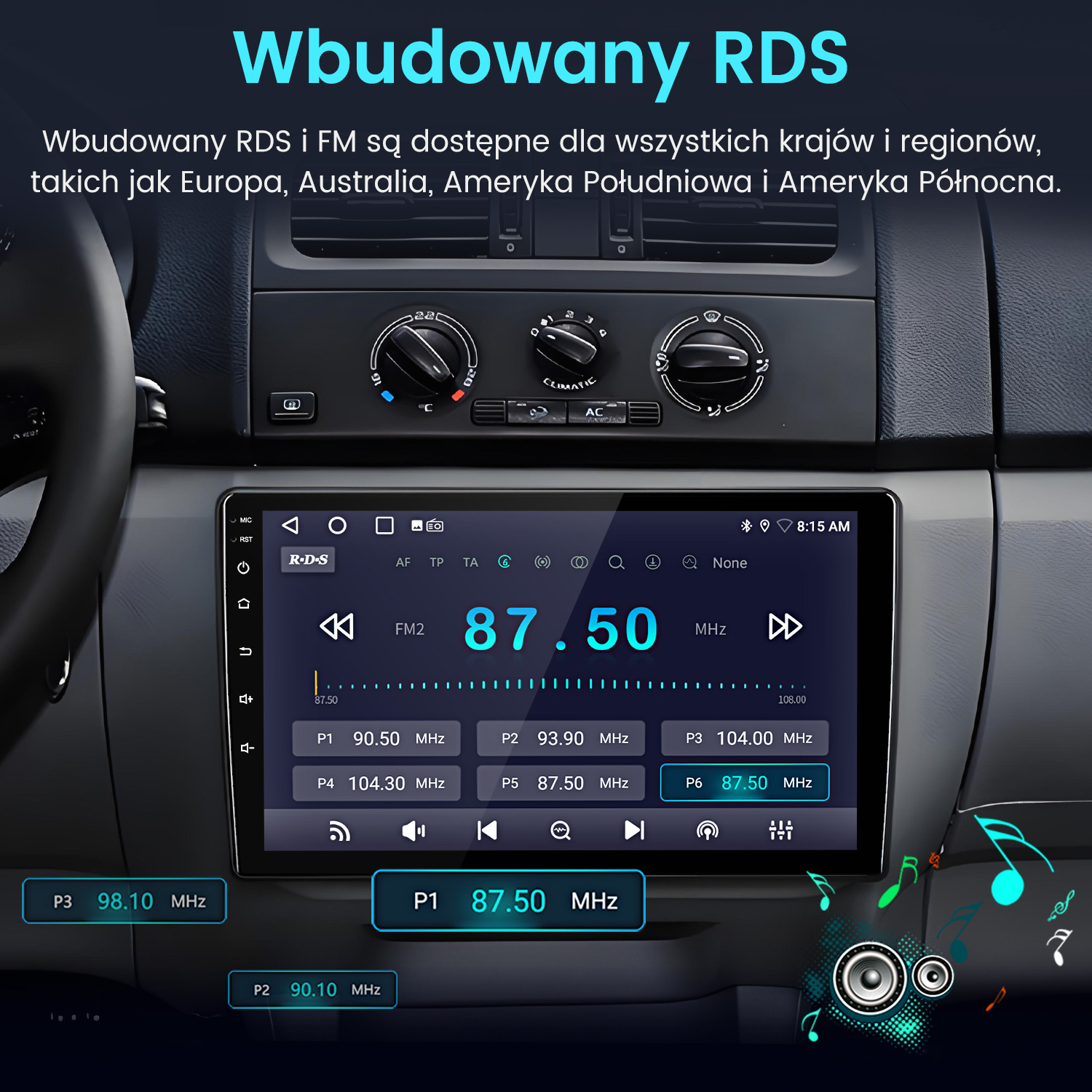 Samochodowy system infotainment wyświetlający stacje radiowe RDS i FM oraz częstotliwości.