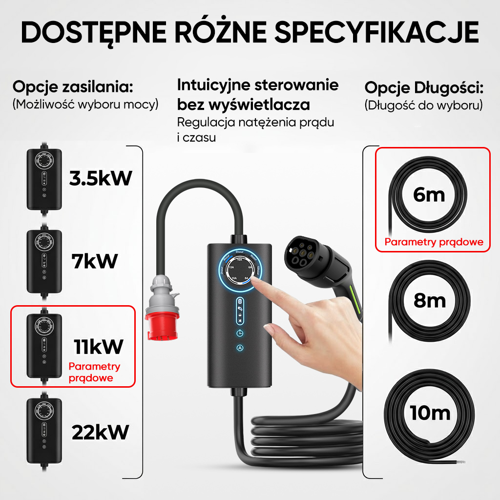Ładowarka z opcjami mocy (3,5-22kW) i długości (6-10m).
