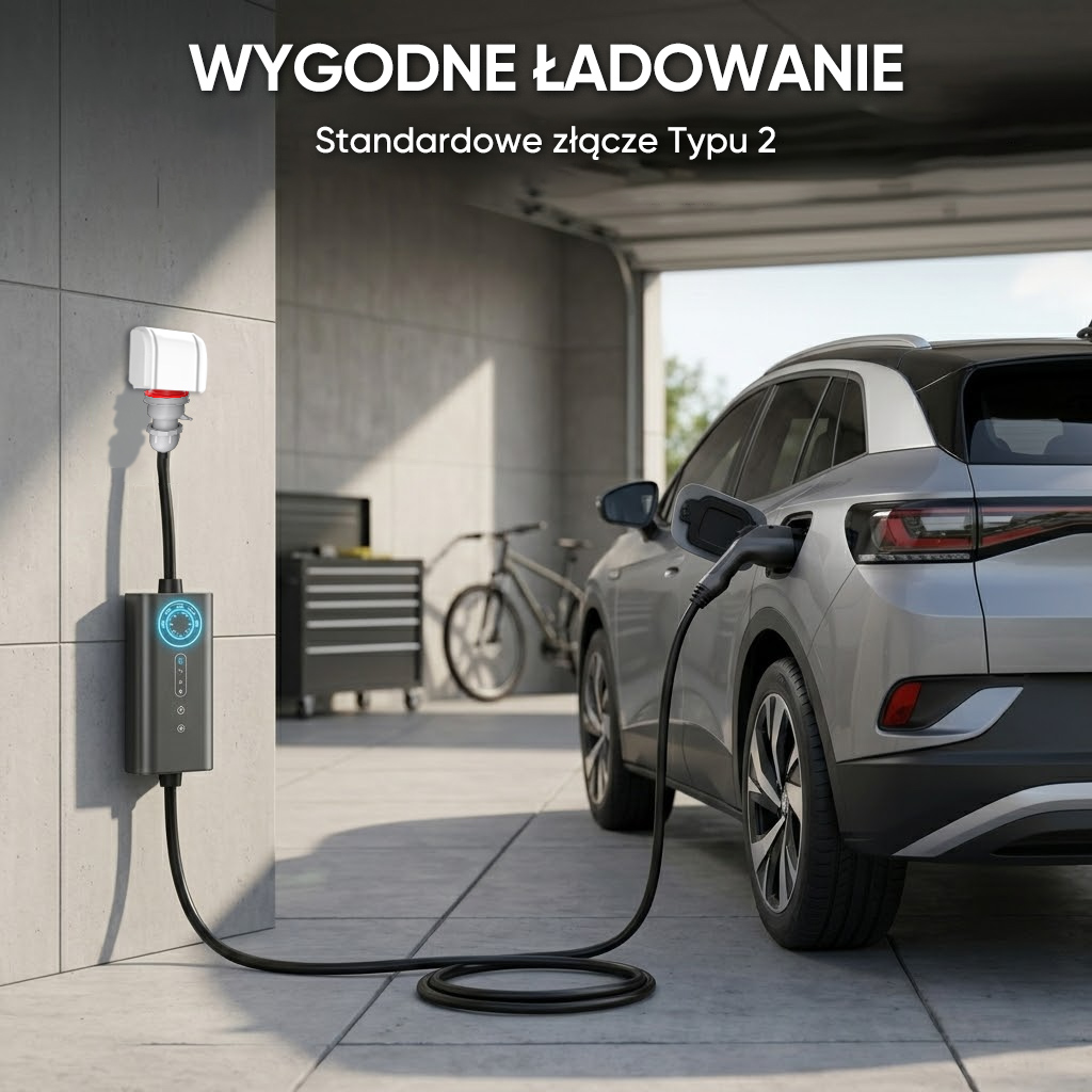 Srebrny samochód elektryczny ładuje się w garażu. Kabel ładujący jest podłączony.