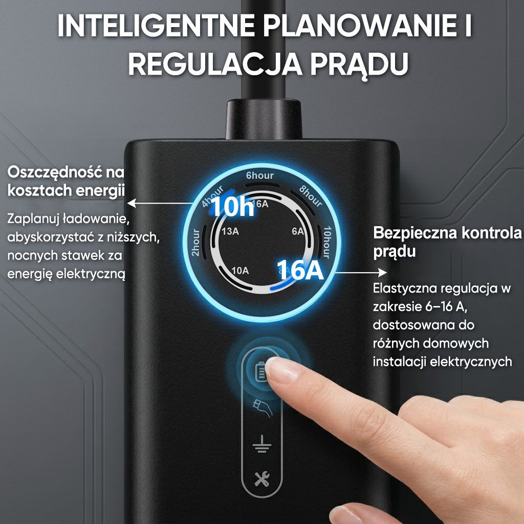 Palec naciska wskaźnik ładowania pokazujący 16A. Tekst po polsku.