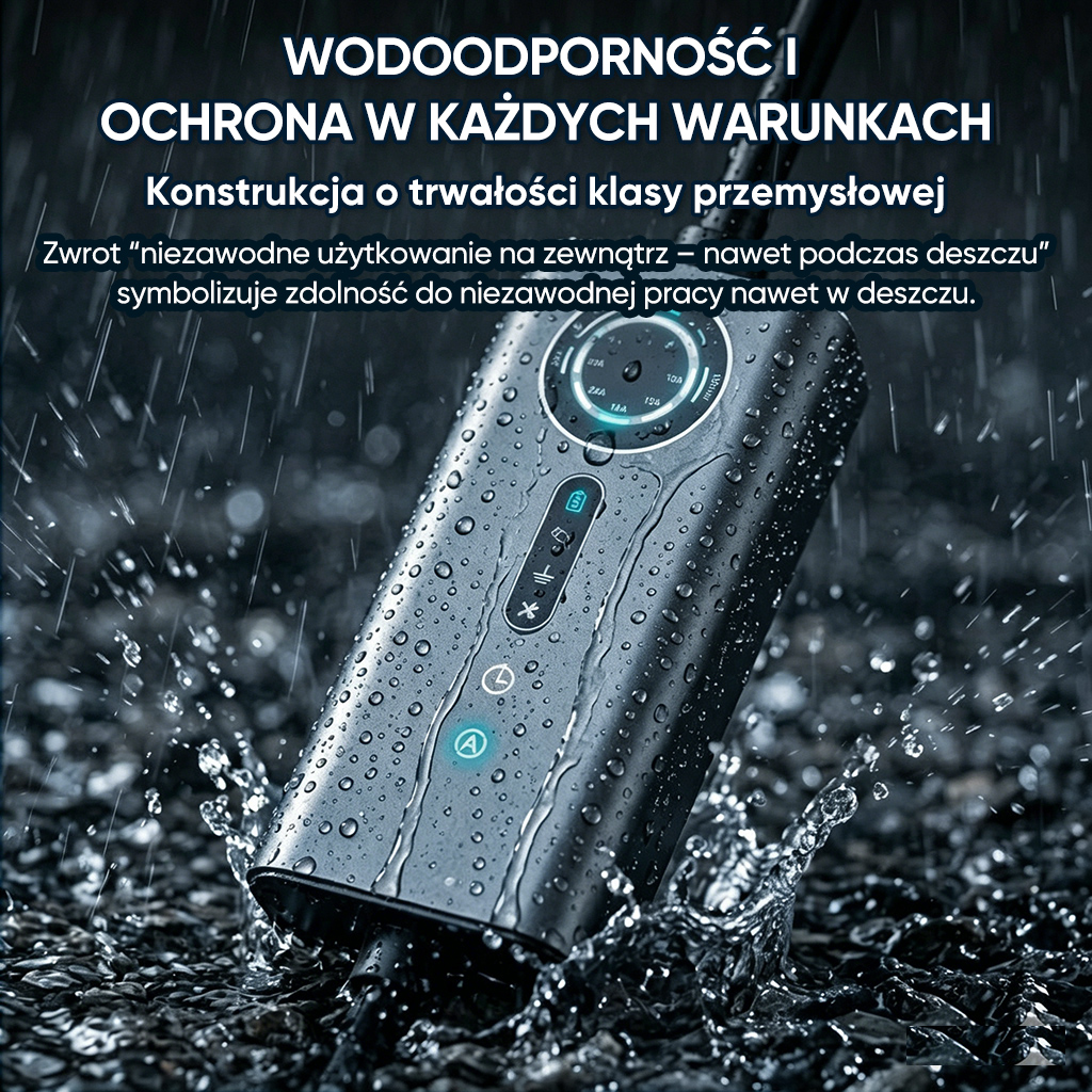 Ciemne, wodoodporne urządzenie pokryte kroplami wody, stojące w deszczu.