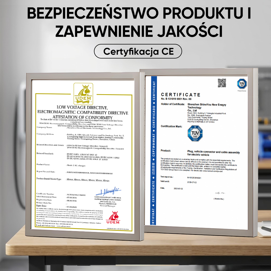 Dwa certyfikaty dla ładowarek do pojazdów elektrycznych, jeden od UDEM i jeden od TUV SUD.
