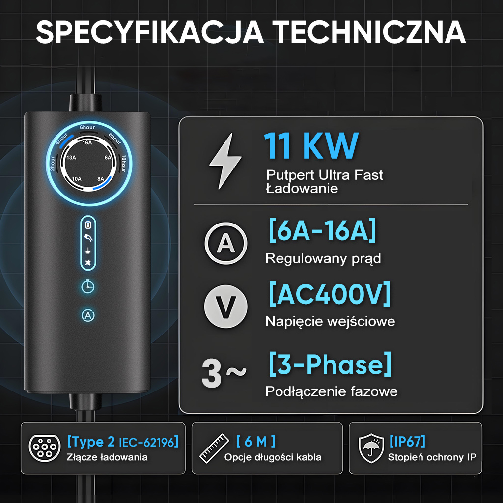 Specyfikacja techniczna: Ładowarka 11KW, 6A-16A, AC400V, 3-fazowa, Typ 2, kabel 6M, IP67.
