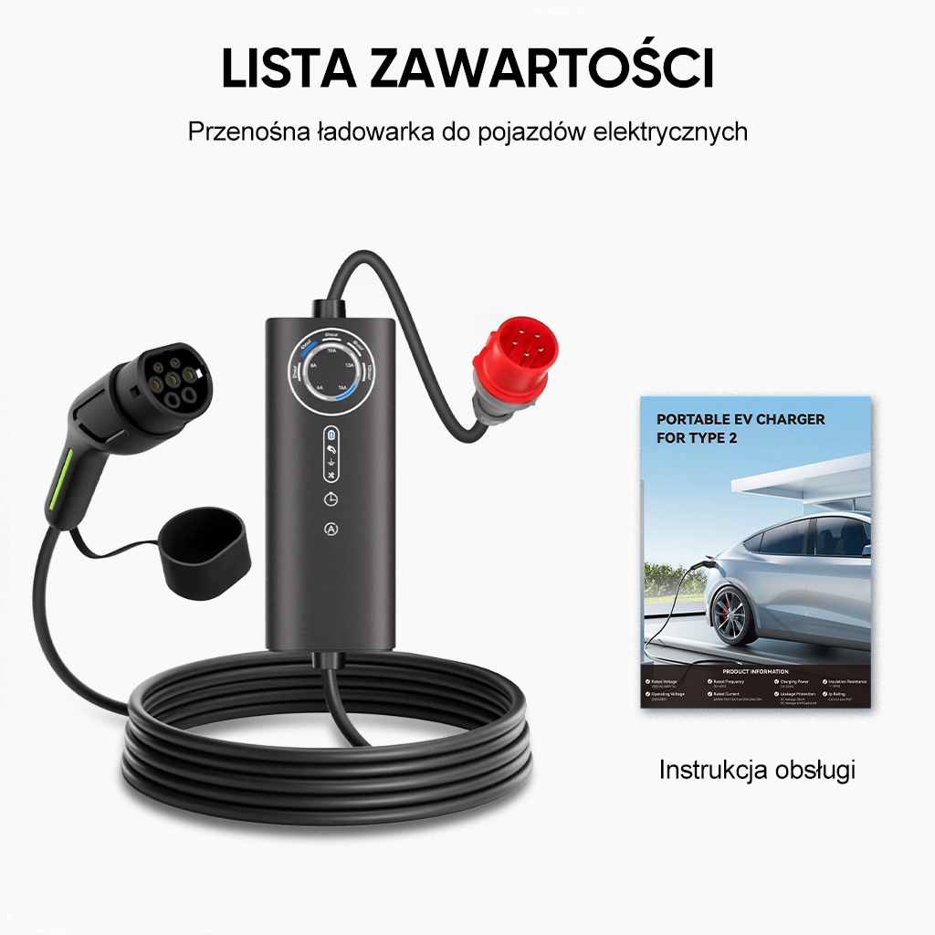 Czarna ładowarka EV z kablem, wtyczką i instrukcją. Szare tło.