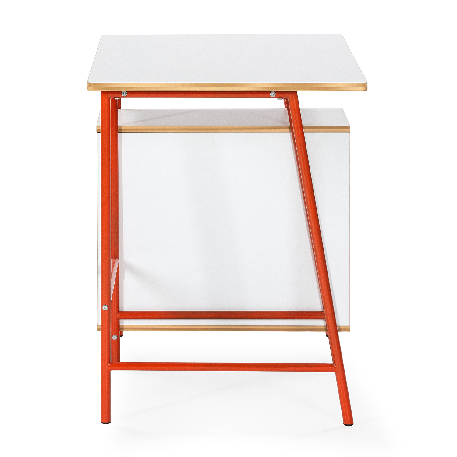 Un escritorio blanco con estructura de metal naranja y un cajón blanco.