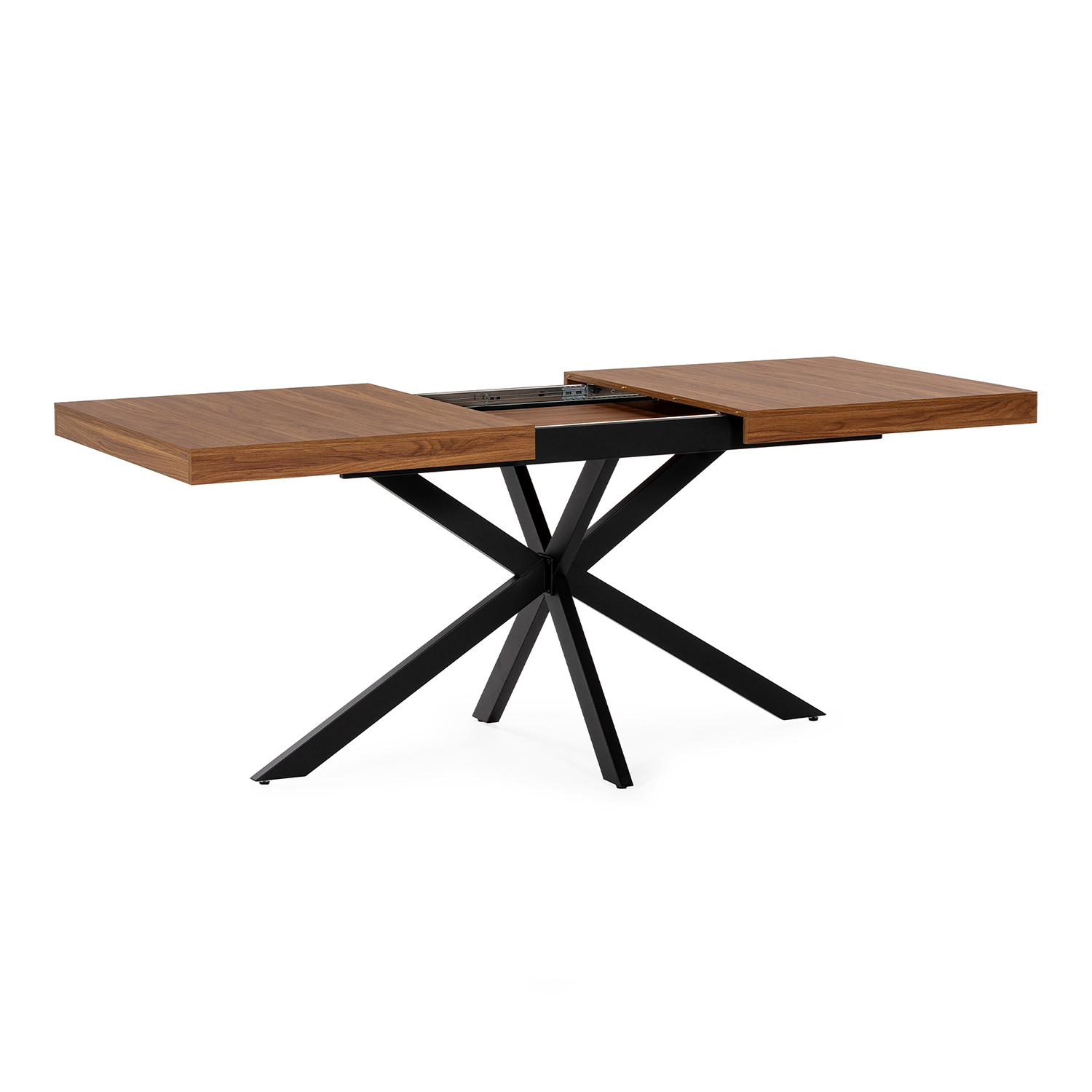 Una mesa extensible de madera con base de estrella negra sobre fondo blanco.