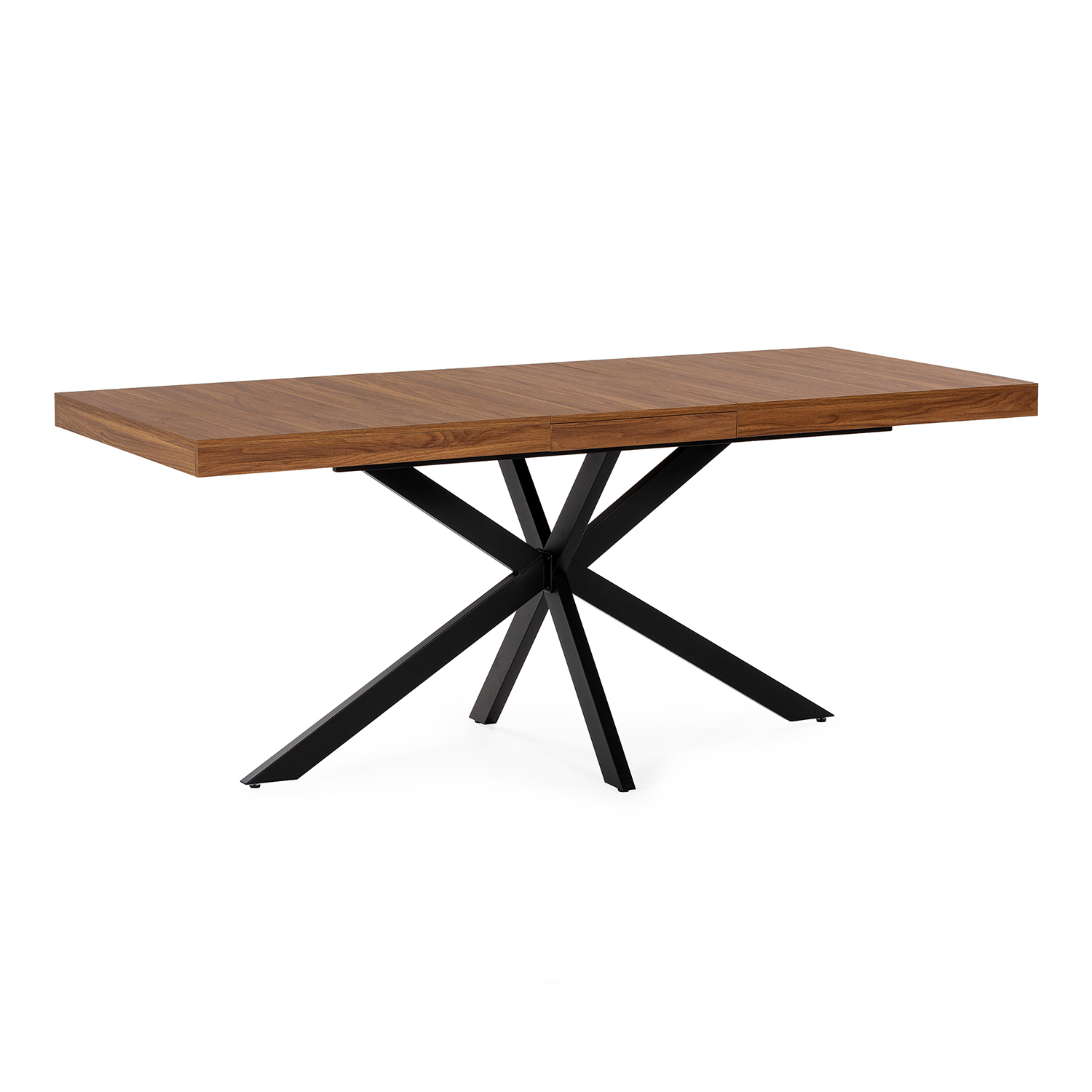 Una mesa de comedor rectangular de madera con base de patas de araña de metal negro.