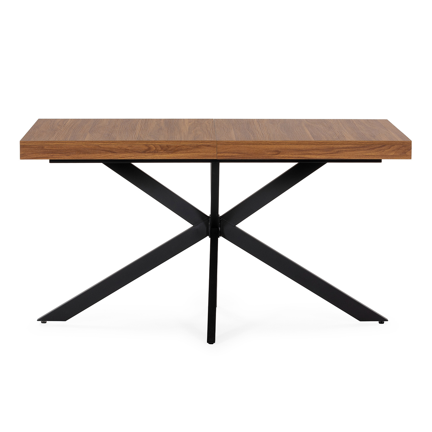 Una mesa de madera con base de metal negra en forma de X.