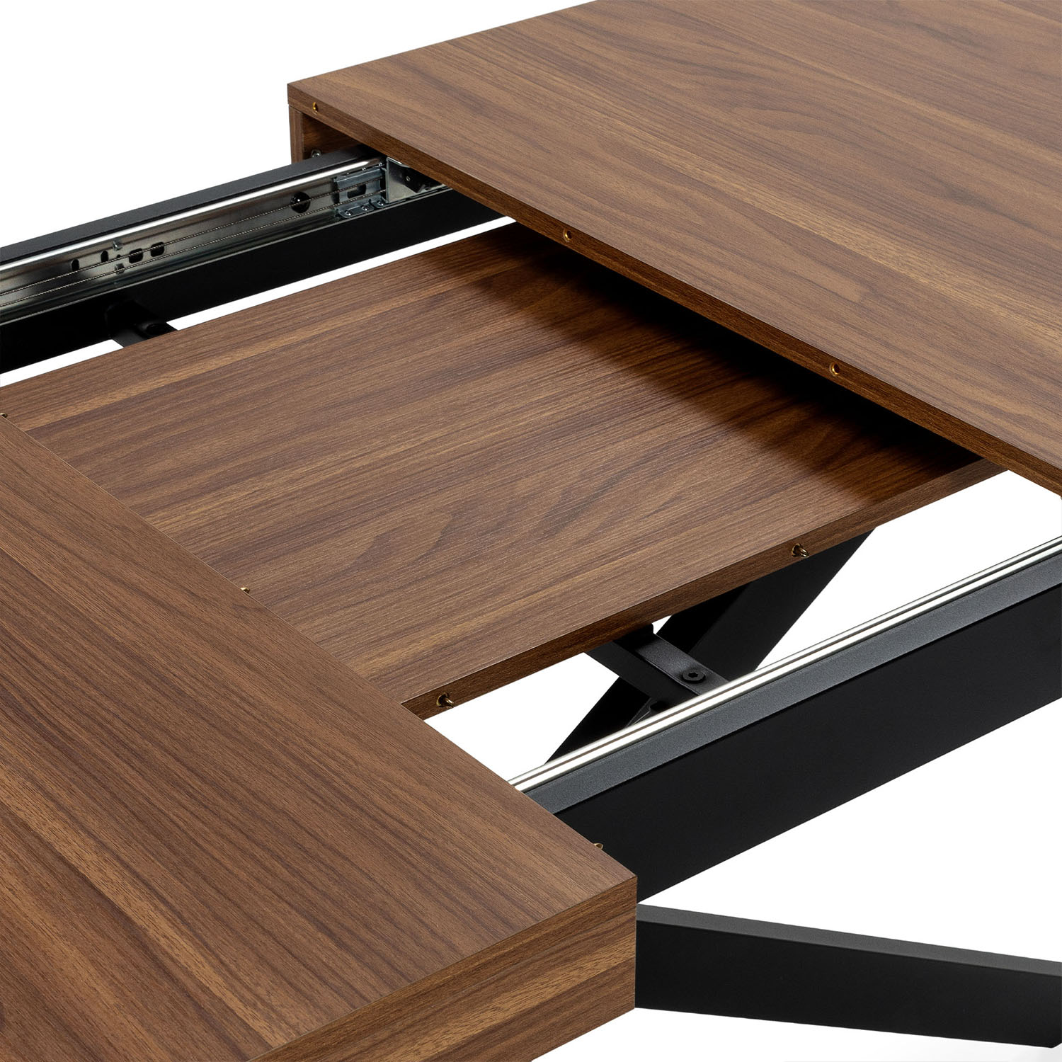 Una mesa extensible con veta de madera marrón y guías metálicas negras.