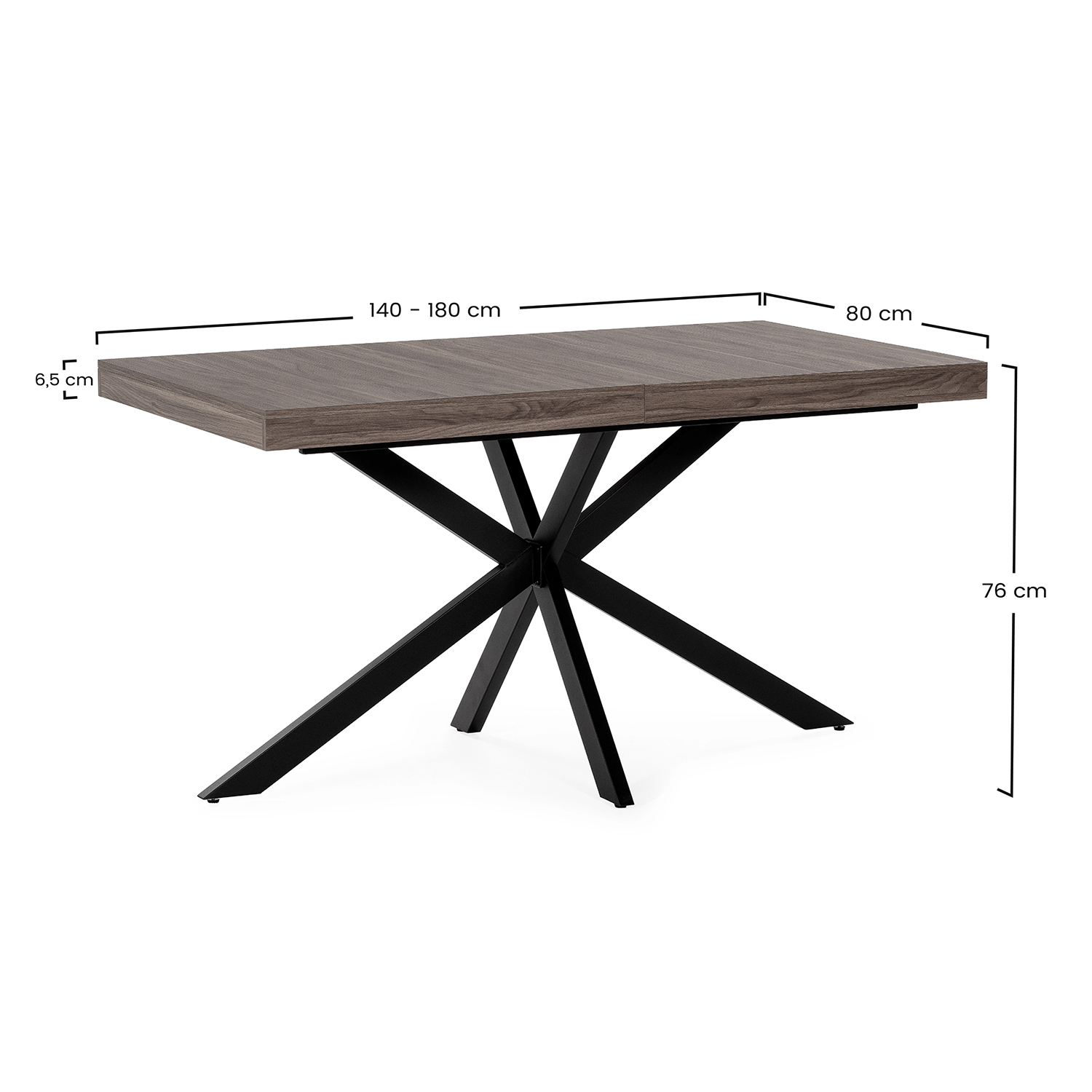Mesa de madera extensible con patas negras en X. Dimensiones: 140-180x80x76cm.