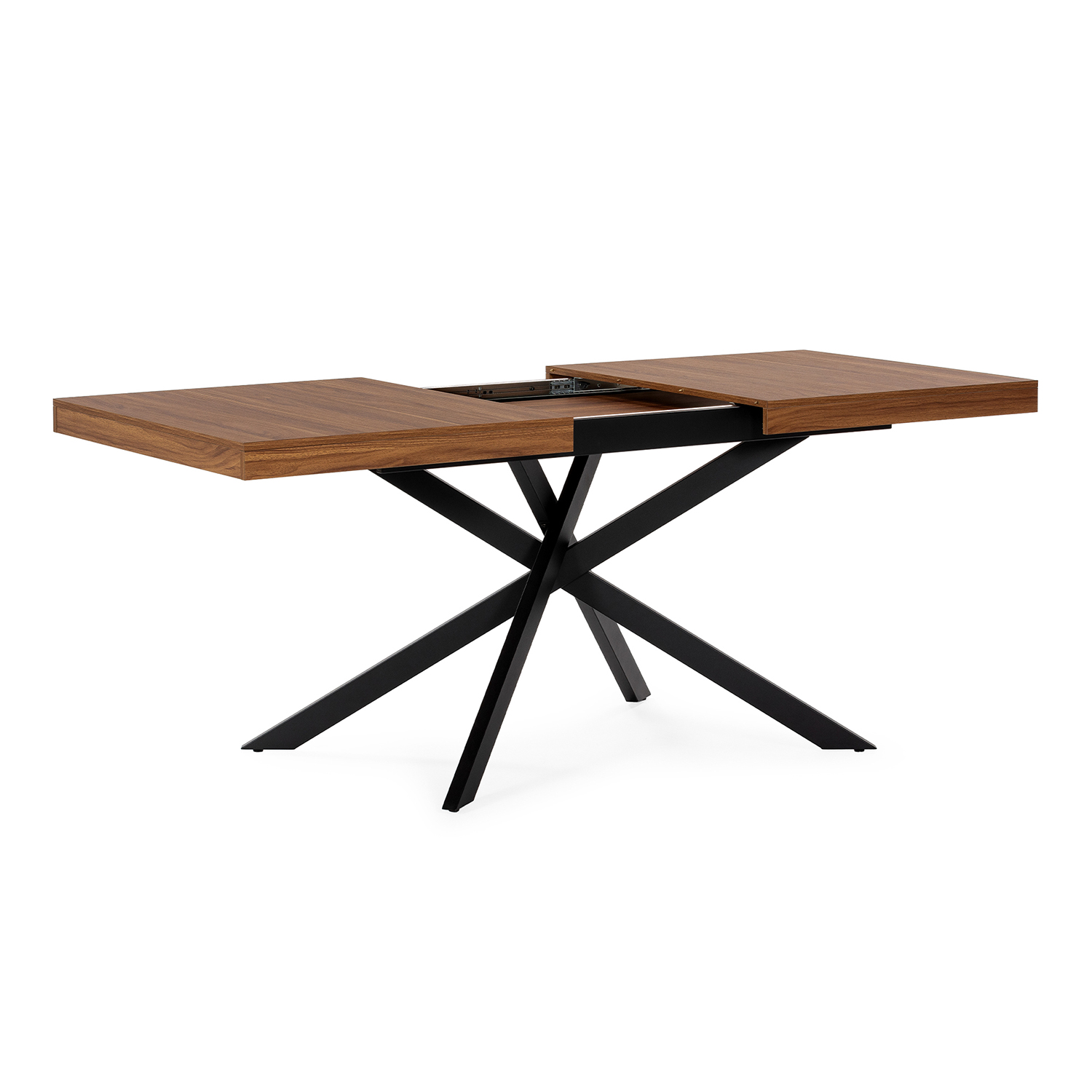Mesa de madera extensible con patas de metal negro sobre fondo blanco.