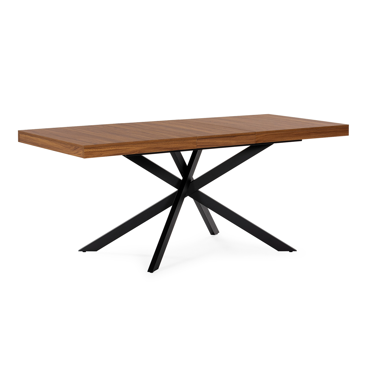 Una mesa rectangular de madera con base de metal negra sobre fondo blanco.