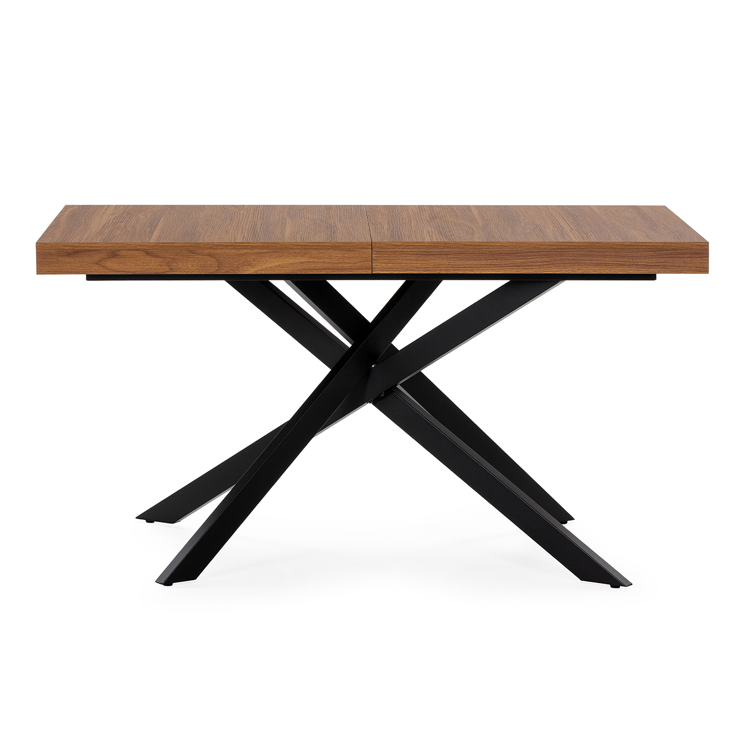 Una mesa de comedor de madera con base negra cruzada sobre fondo blanco.