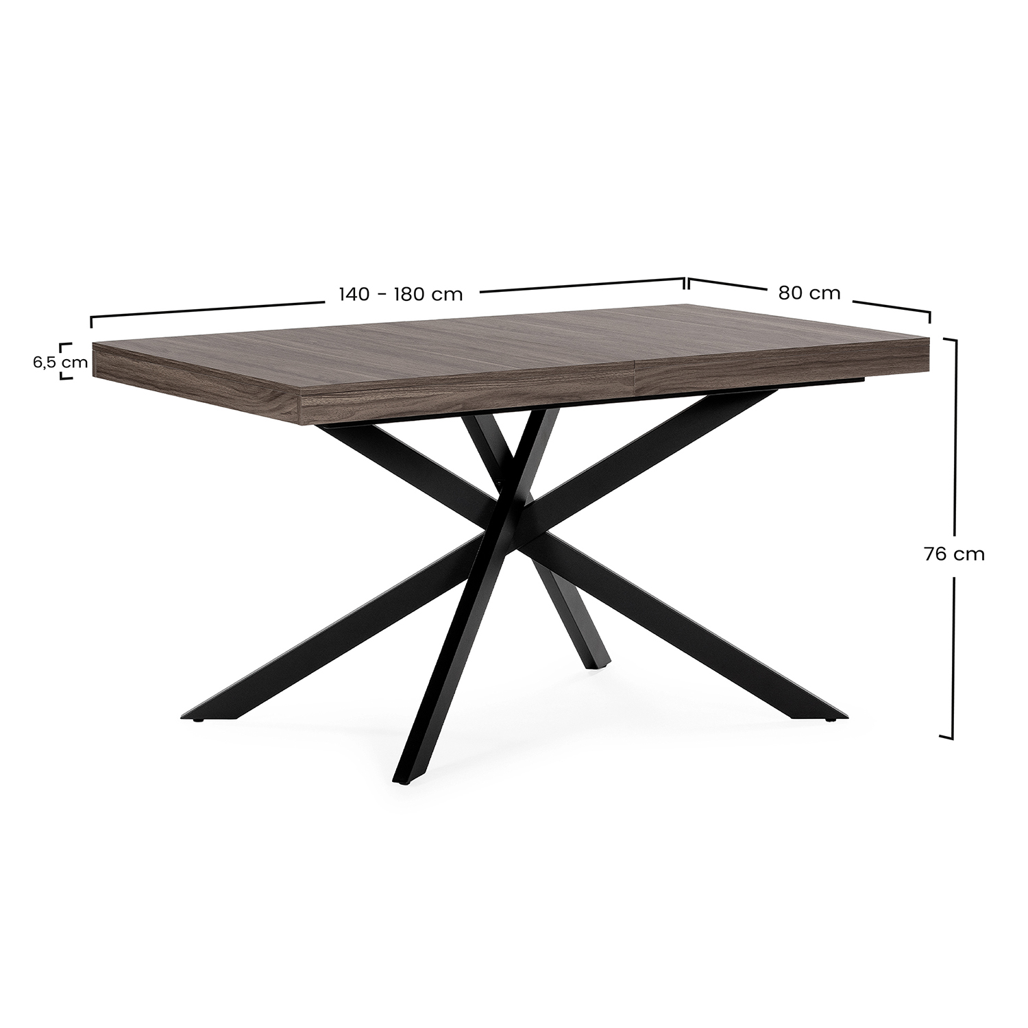 Mesa extensible de madera con patas de metal negro, se muestran las dimensiones.