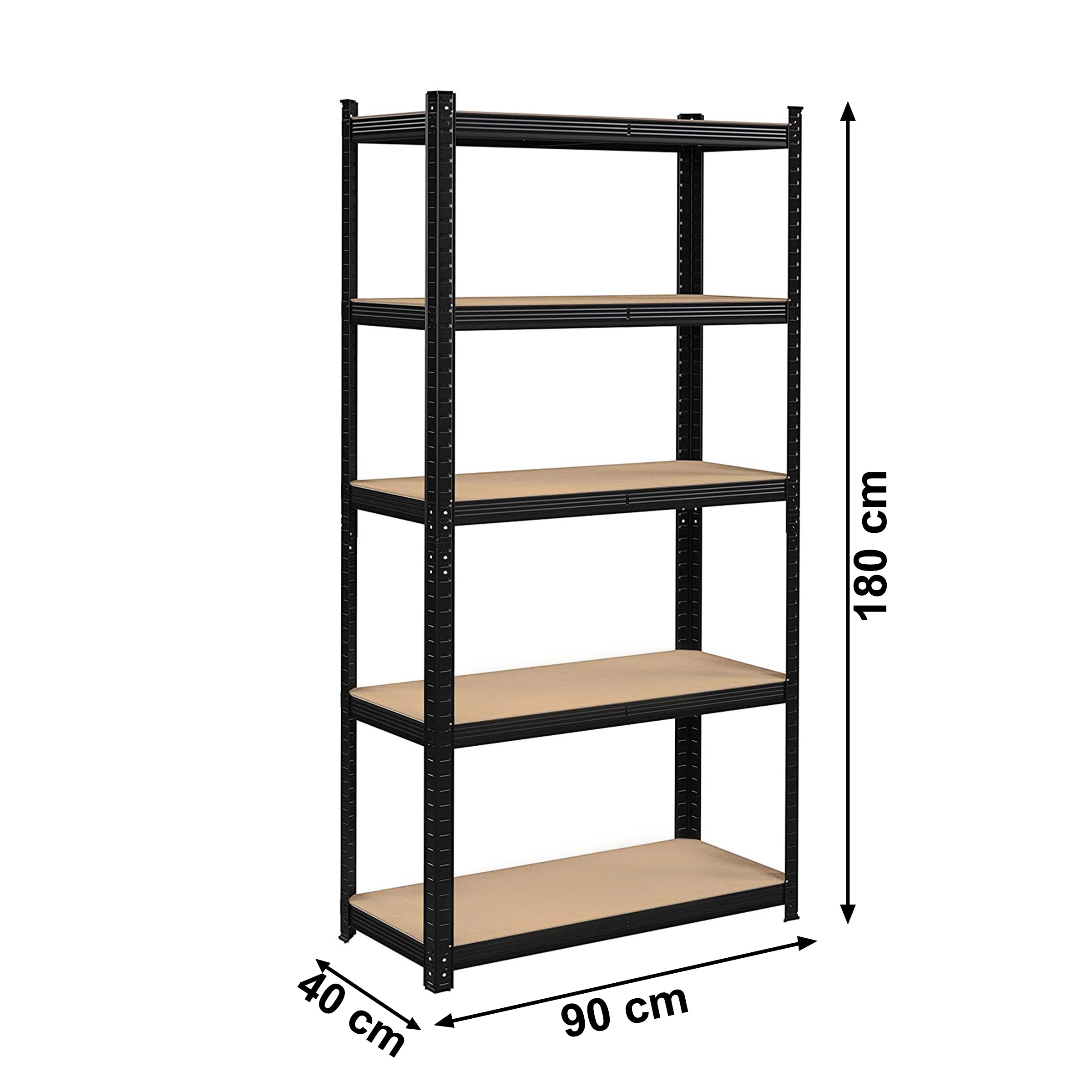Czarny regał z pięcioma drewnianymi półkami, wysoki na 180 cm.