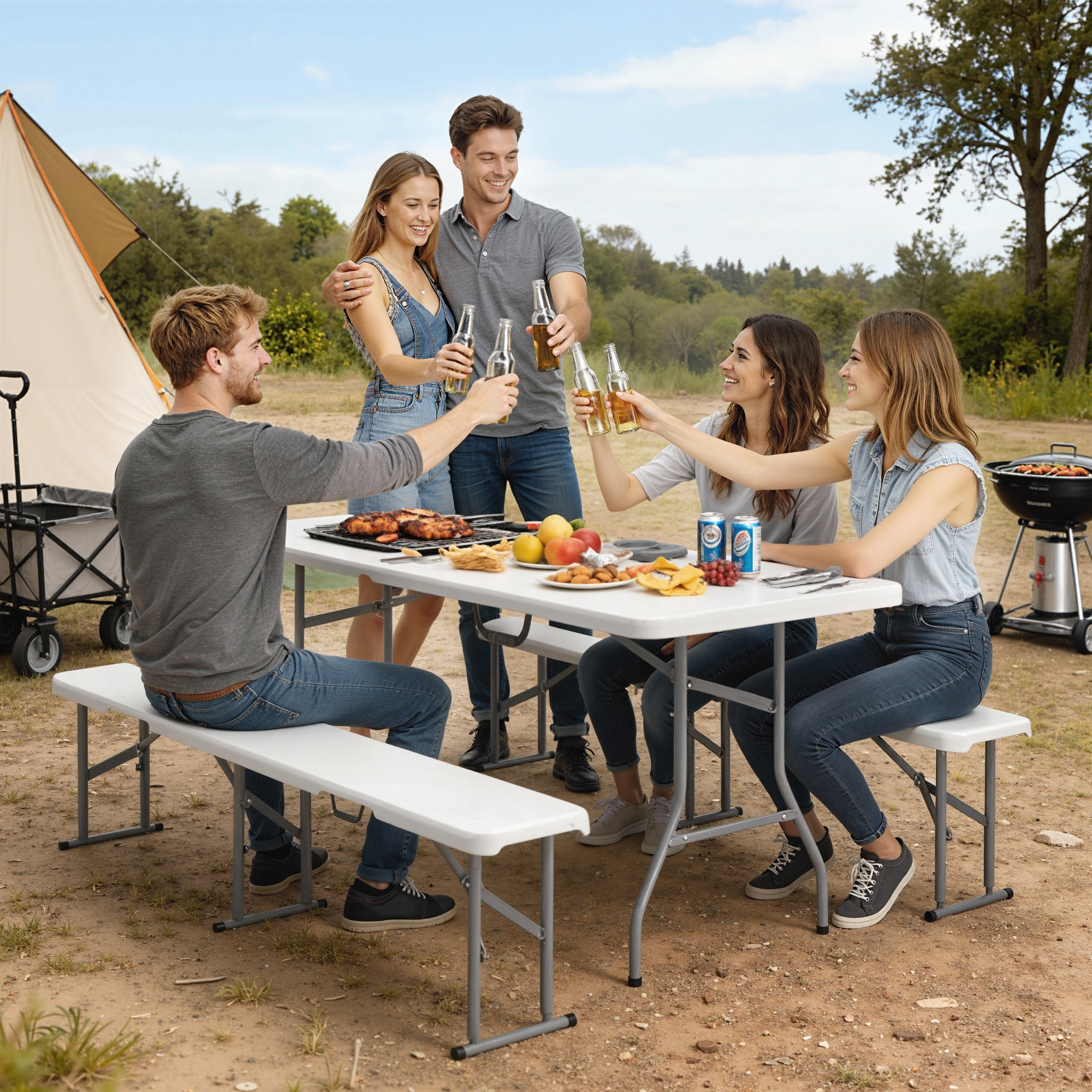 Cinco amigos brindan con botellas de cerveza mientras hacen una barbacoa al aire libre.