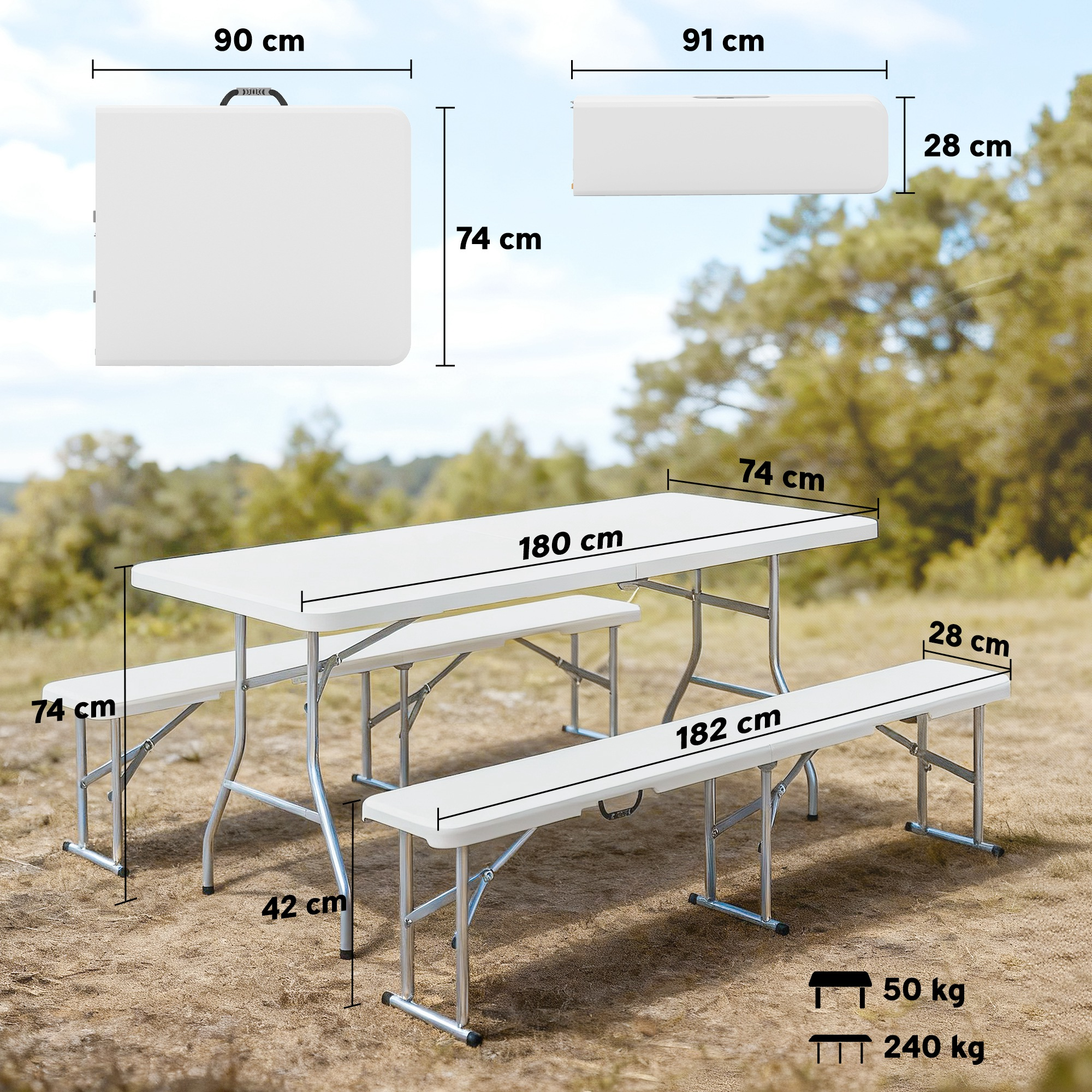 Una mesa plegable blanca con dos bancos al aire libre. Se indican las dimensiones.