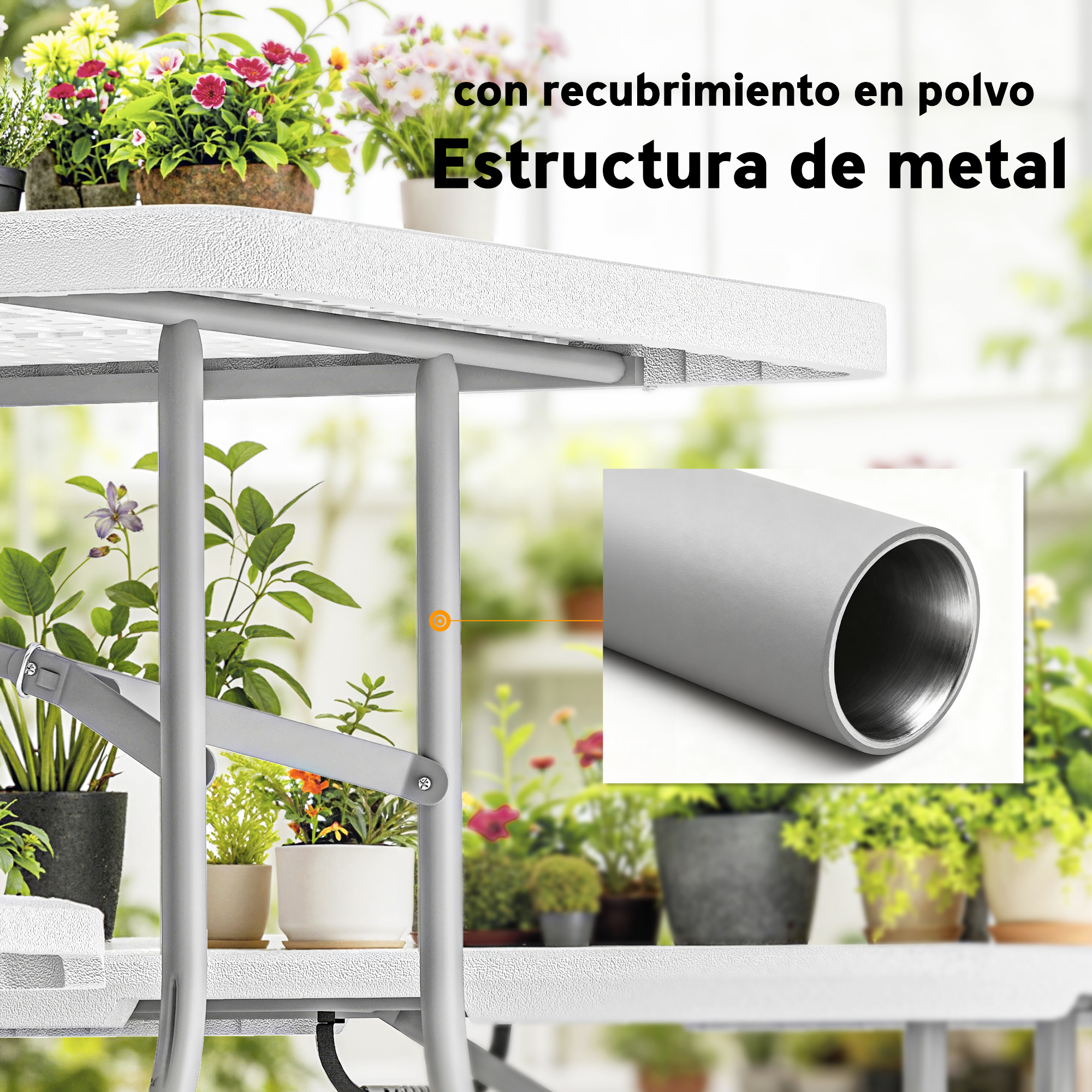 Estructura metálica blanca con recubrimiento en polvo rodeada de plantas.