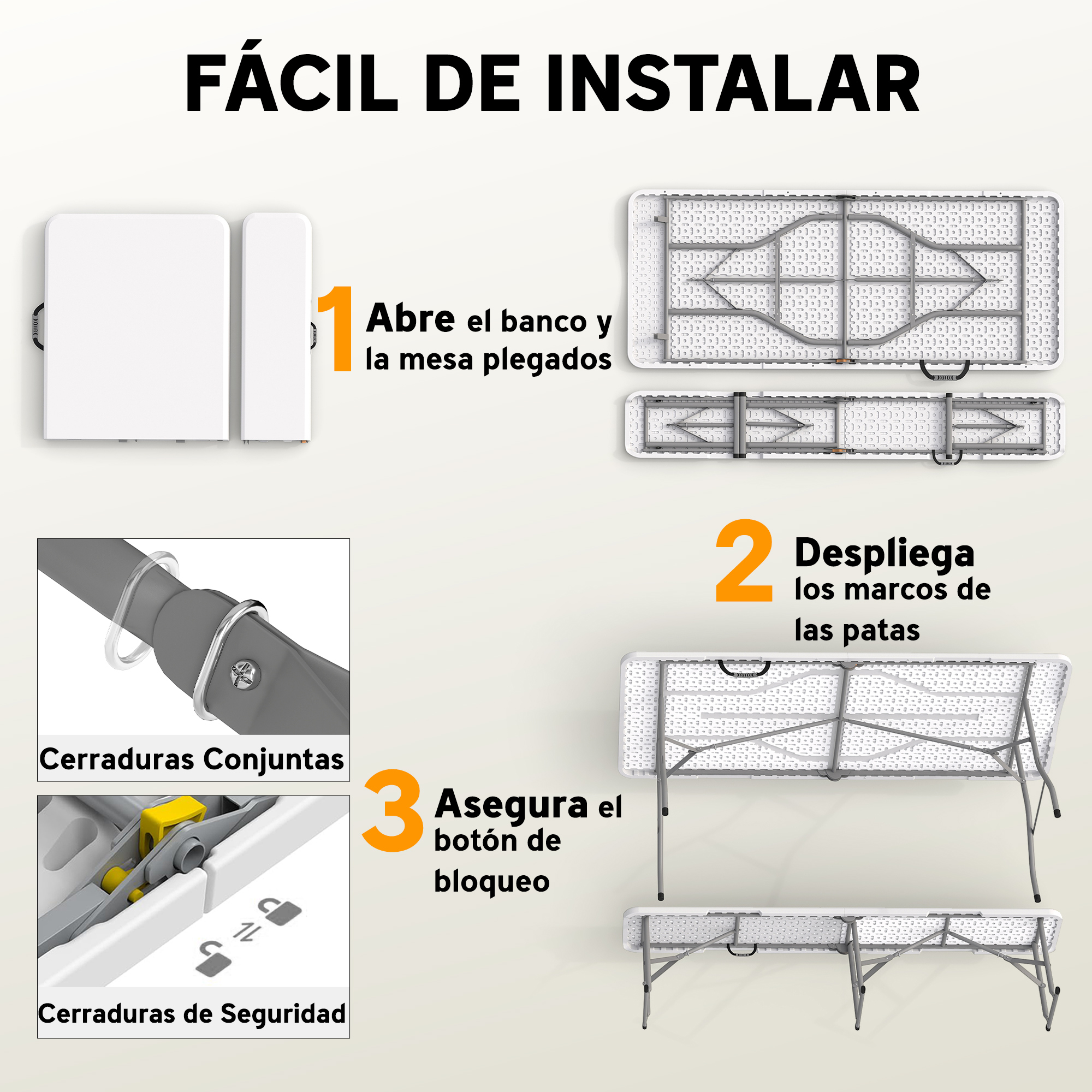 Guía paso a paso para montar una mesa plegable, mostrando los cierres.