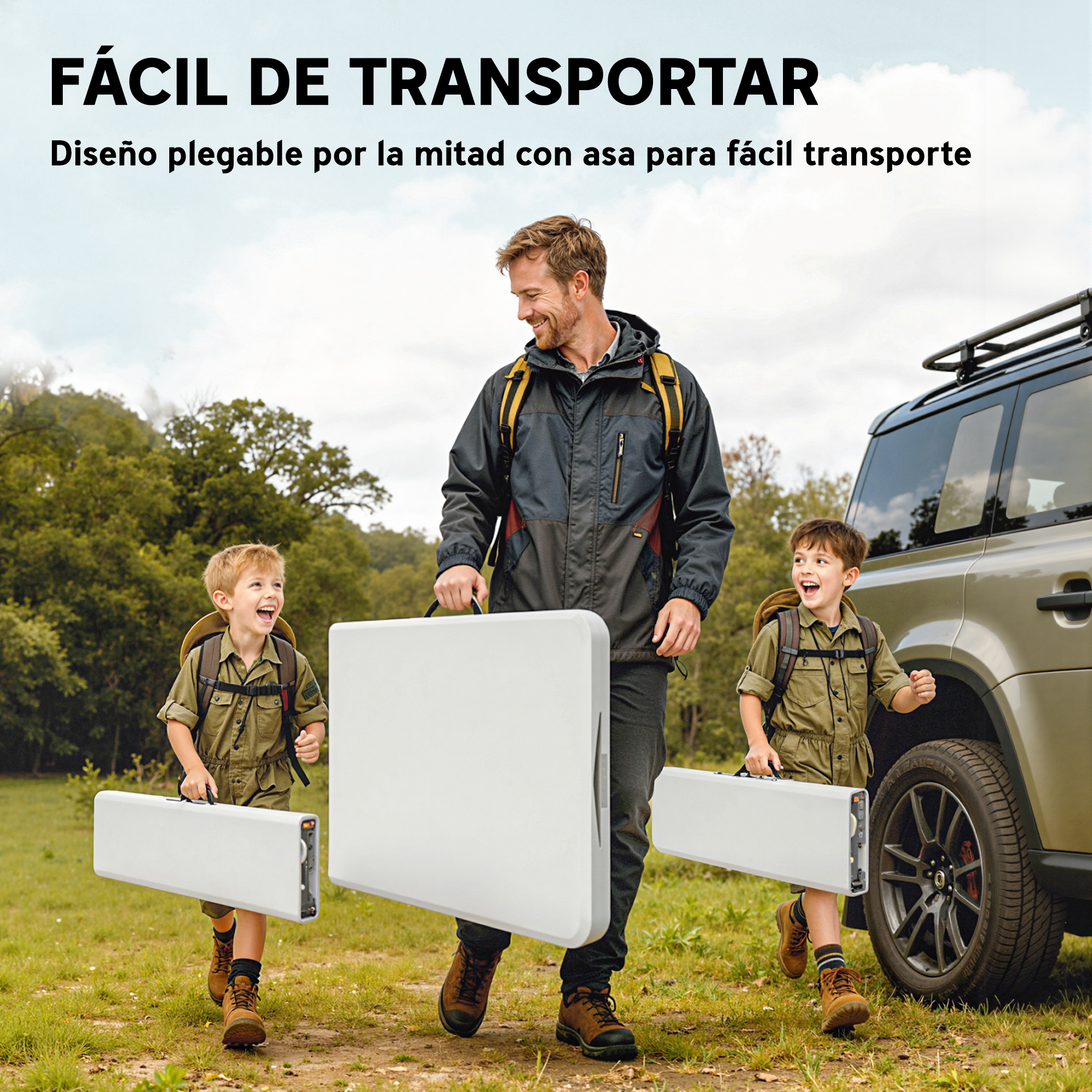 Hombre y niños llevan mesas blancas junto a un coche al aire libre.