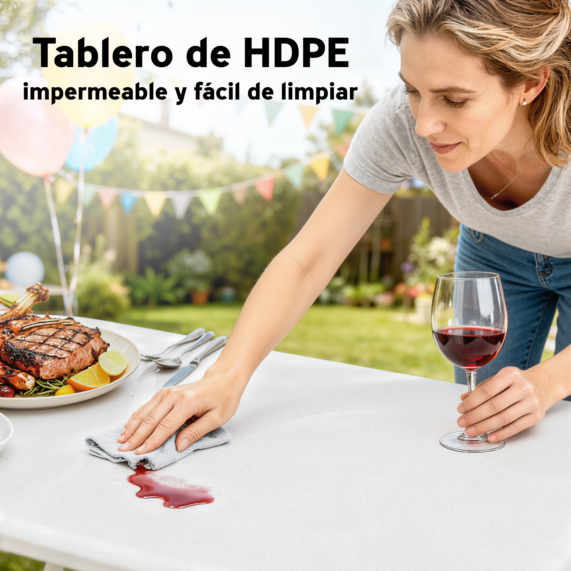 Mujer limpia vino tinto de mesa blanca. Carne a la parrilla al fondo.