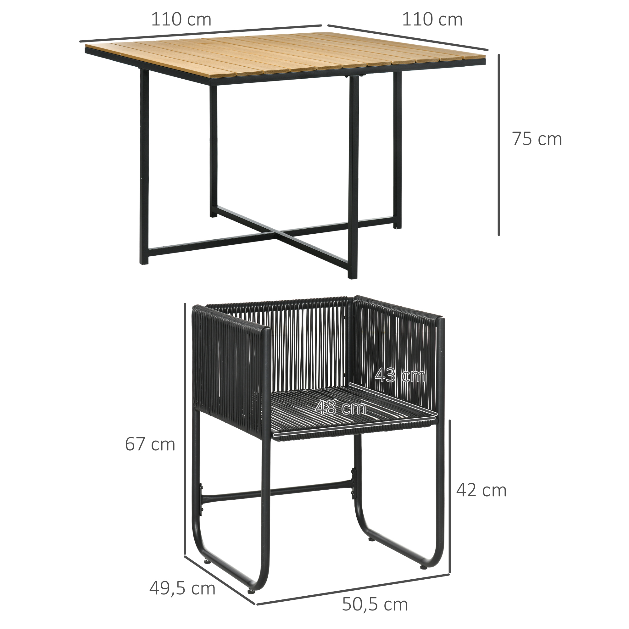 Una mesa rectangular con tapa de madera y estructura de metal negro, junto a una silla negra.