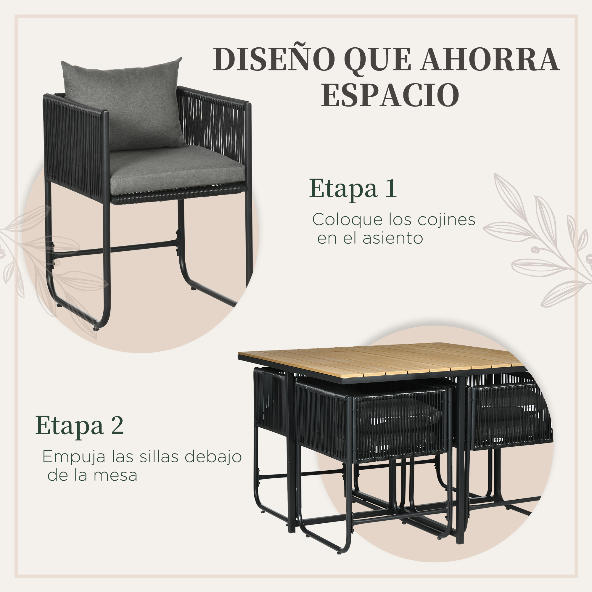 Una silla negra con cojines grises y una mesa con sillas debajo.
