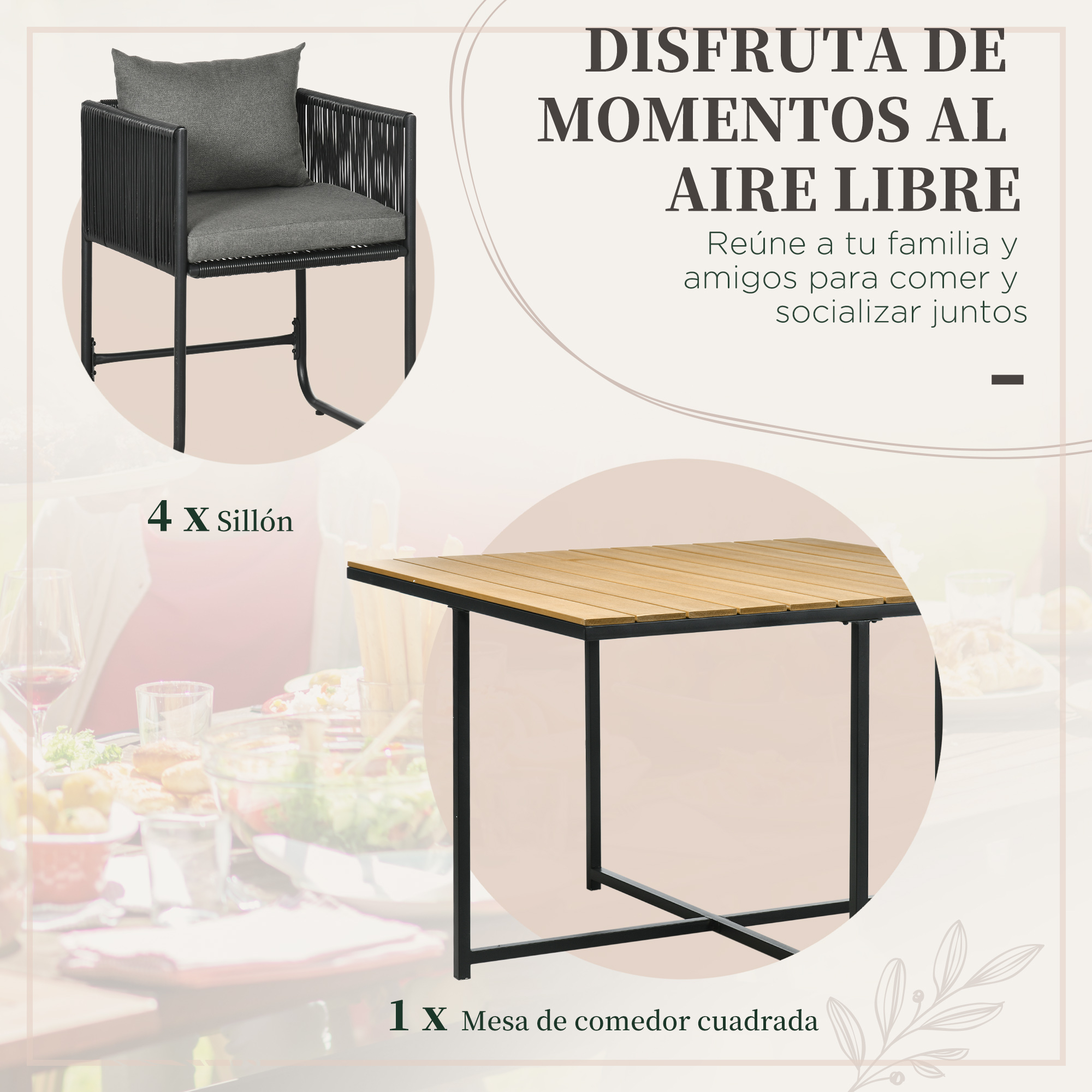 Un sillón negro con cojines y una mesa rectangular de madera con estructura negra.