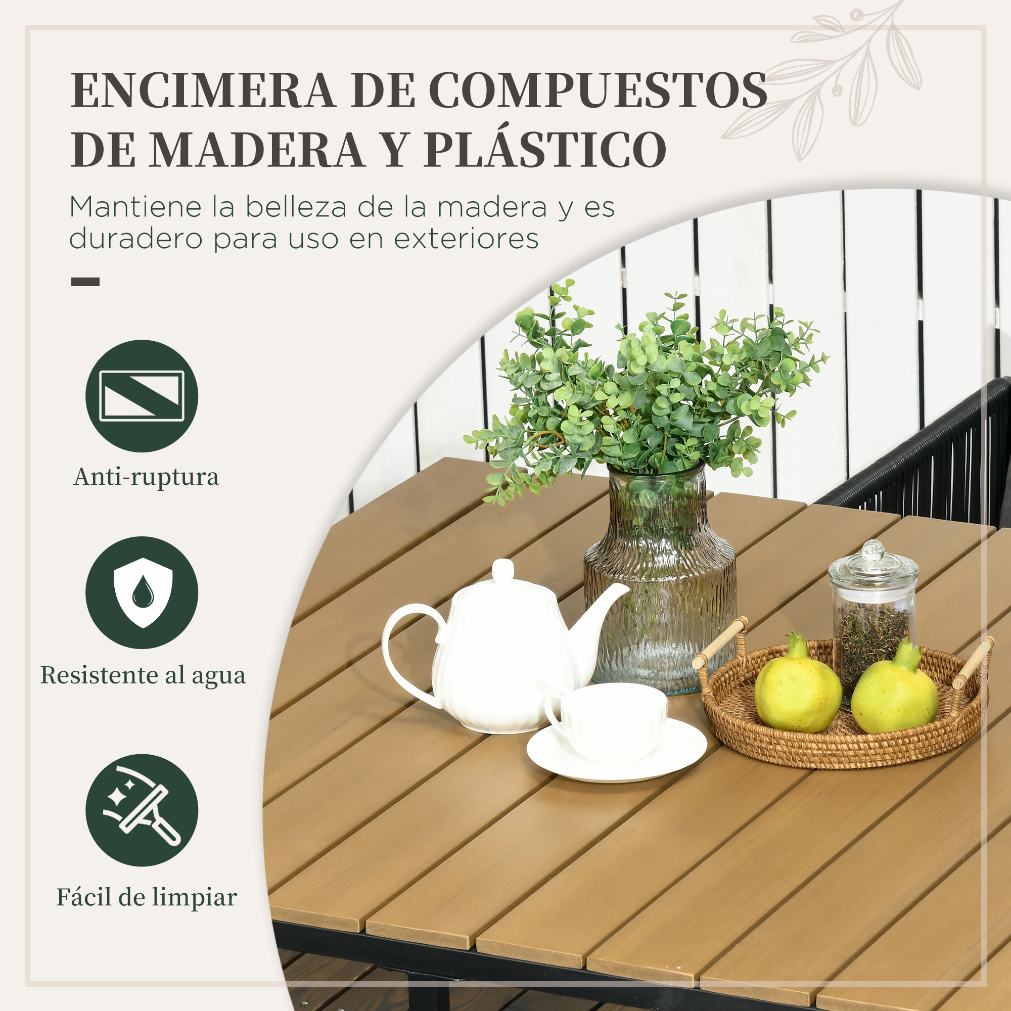 Encimera de compuesto de madera y plástico con tetera, taza, fruta y plantas.