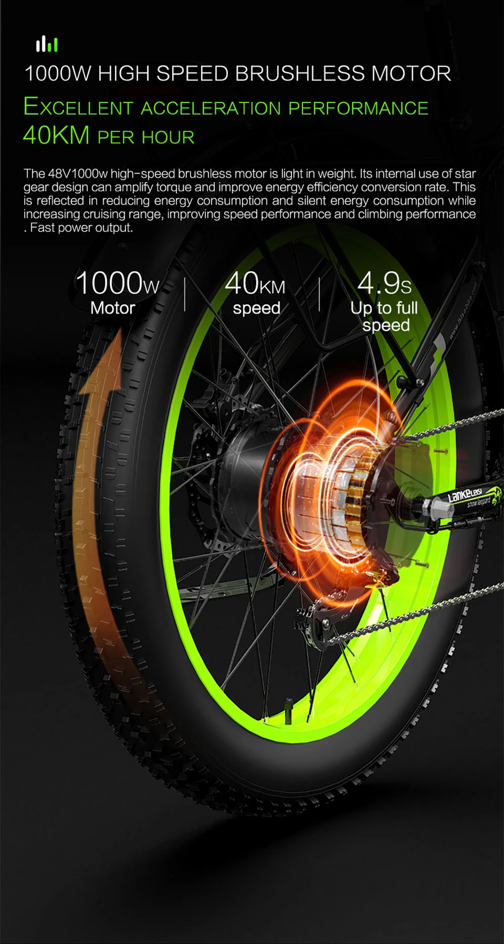 Primer plano de un motor de bicicleta con acentos naranja brillante. Especificaciones visibles.