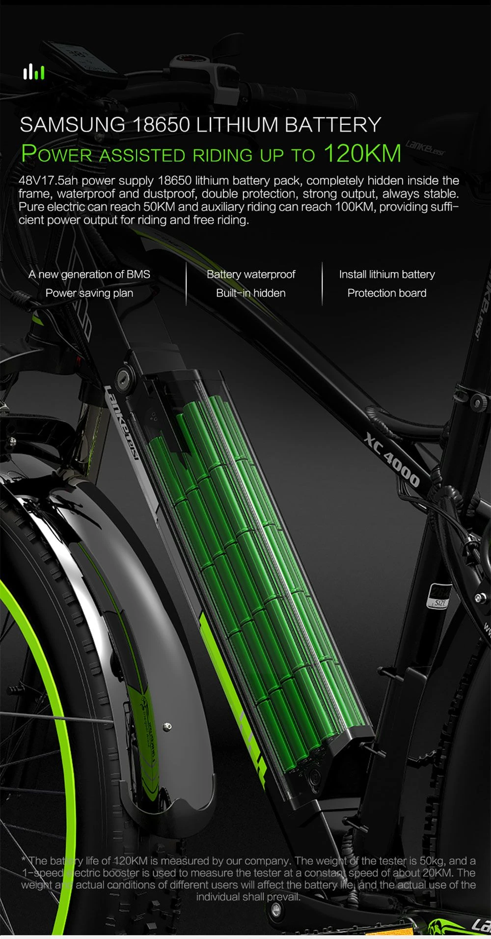 Bicicleta eléctrica con batería de litio SAMSUNG 18650, cuadro negro, batería transparente con celdas verdes.