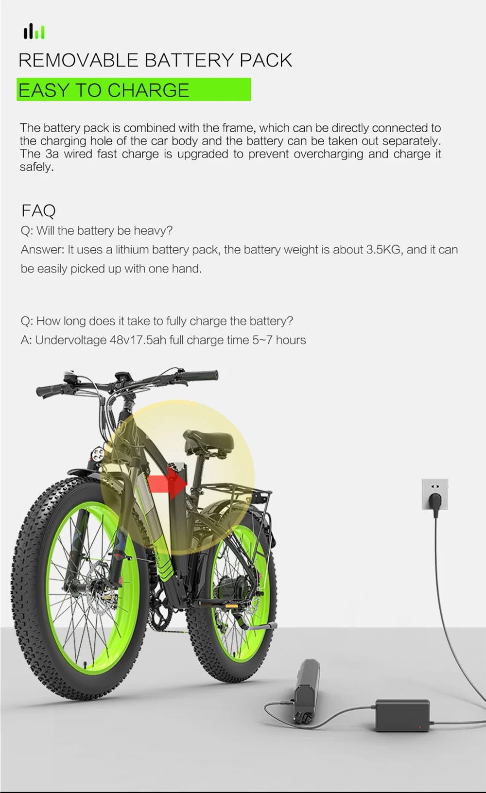 Una bicicleta eléctrica negra con llantas verdes cerca de una batería extraíble y cargador.