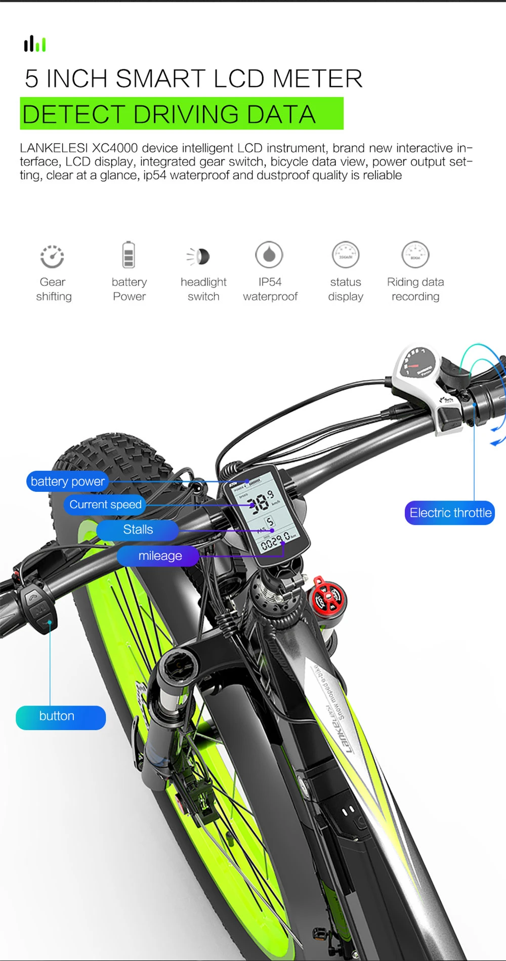 Manillar de e-bike con pantalla LCD que muestra velocidad, marcha y kilometraje. Incluye acelerador y botones.