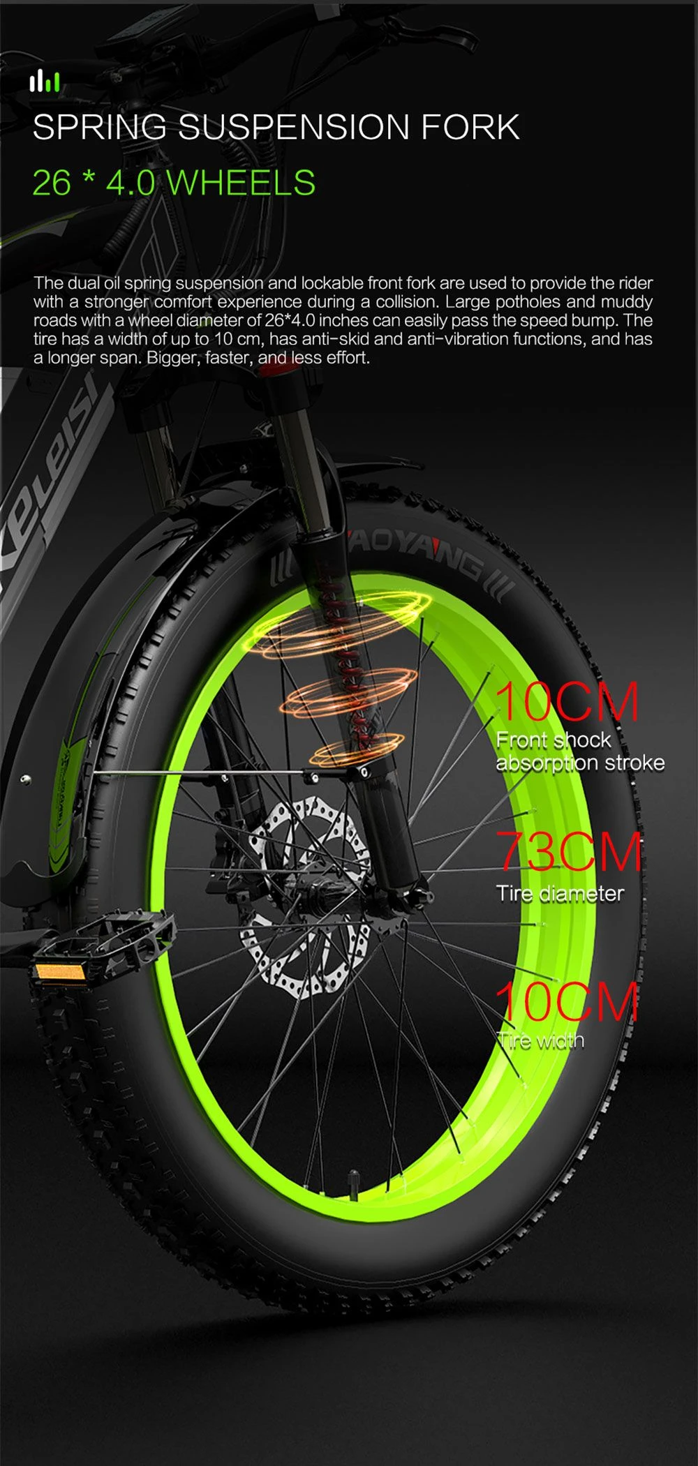 Horquilla de bicicleta con ruedas de 26x4.0 y llantas verde brillante.
