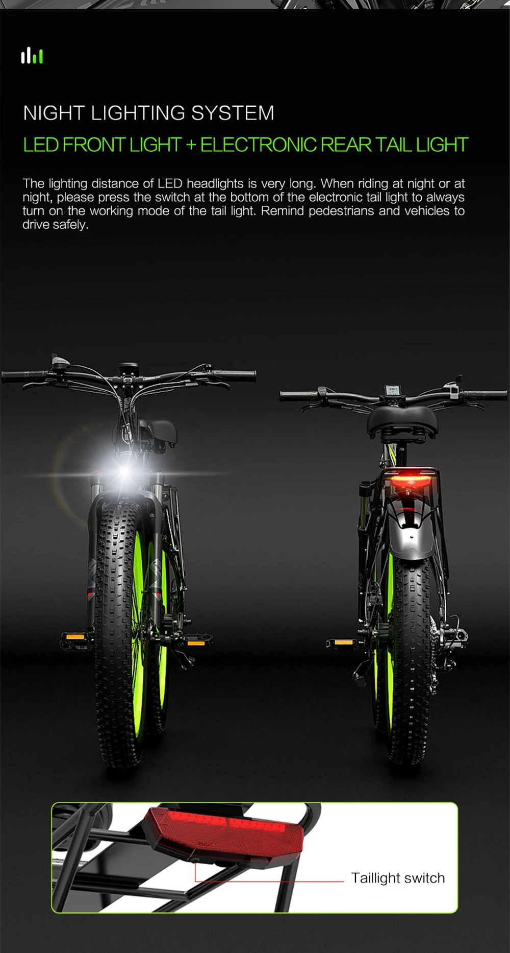Vista frontal y trasera de una bicicleta eléctrica negra con luces LED encendidas. Se muestra el interruptor de luz trasera.