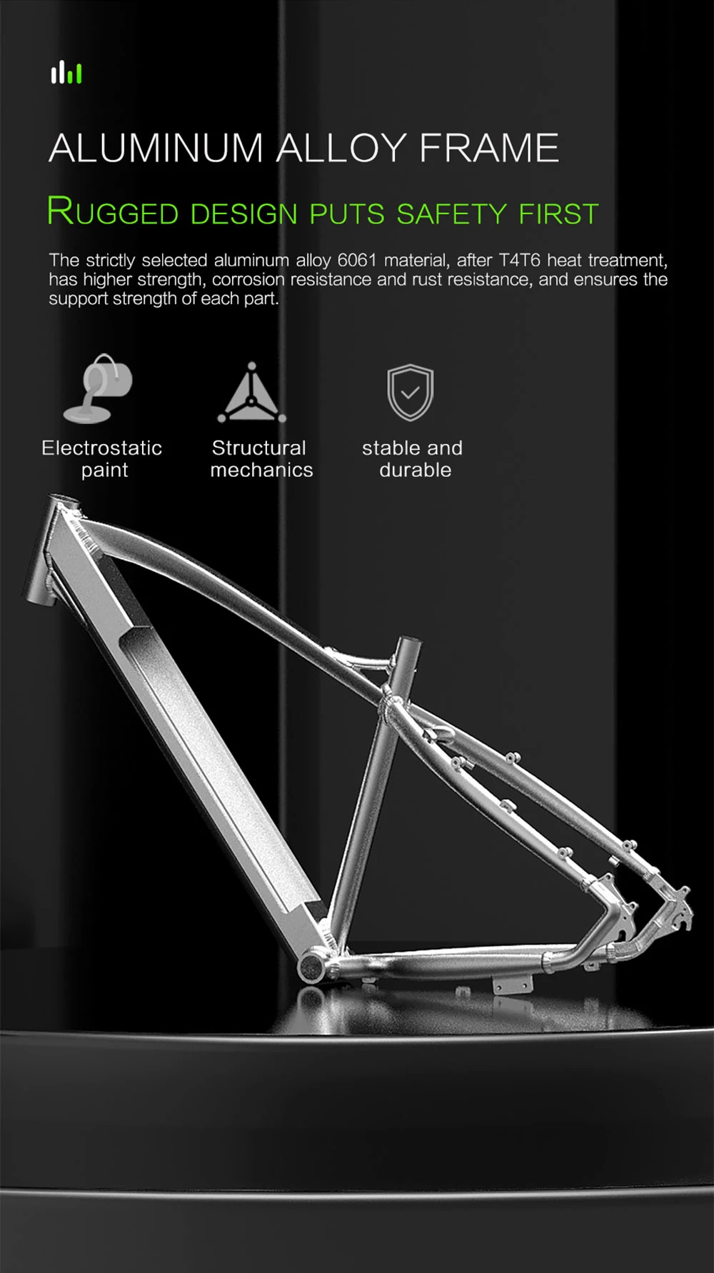 Un cuadro de bicicleta plateado de aleación de aluminio con texto e iconos.