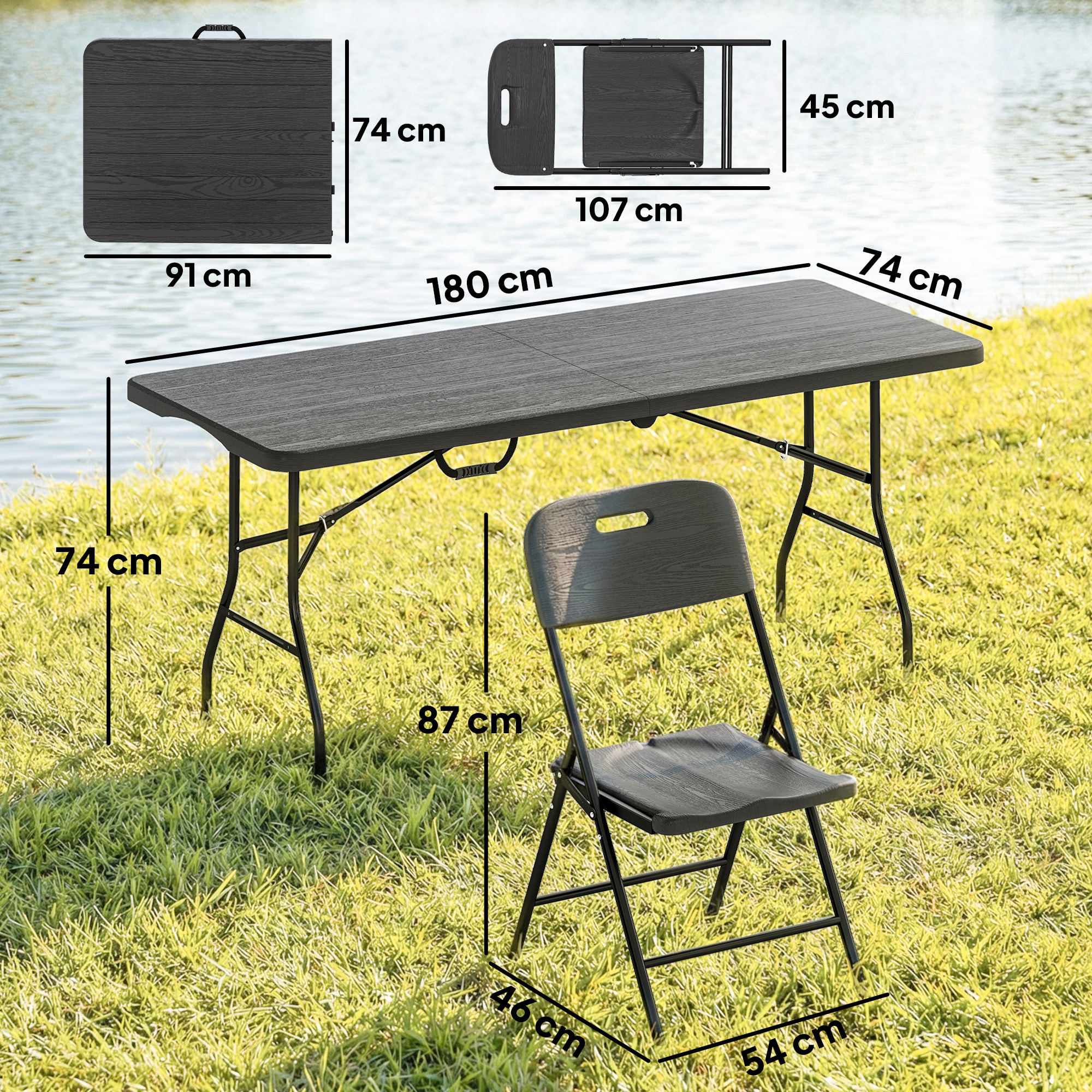Una mesa plegable gris (180x74cm) y una silla sobre césped.